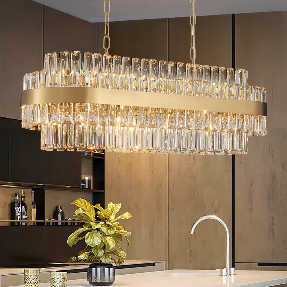 Gold Modern Rectangle Crystal Chandelier, 20-Lights Luxury Chandeliers Modern 2-Tiers K9 Crystal Chandelier Pendant, Light Fixture G9 Lights for Dining Living Room Kitchen L 35.4 inch