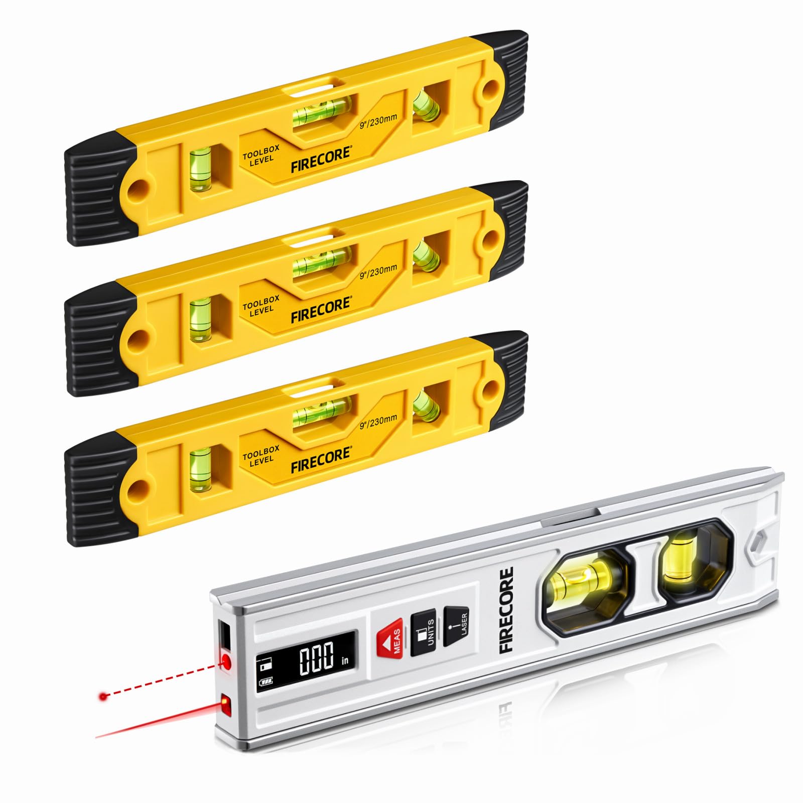 Firecore 3pcs Magnetic Torpedo Level, 9-Inch Shockproof Toolbox Level with 3 Bubble Spirit Level, 3-In-1 Laser Level with 65ft Laser Distance Measure & 32ft Line, Rechargeable Battery Included