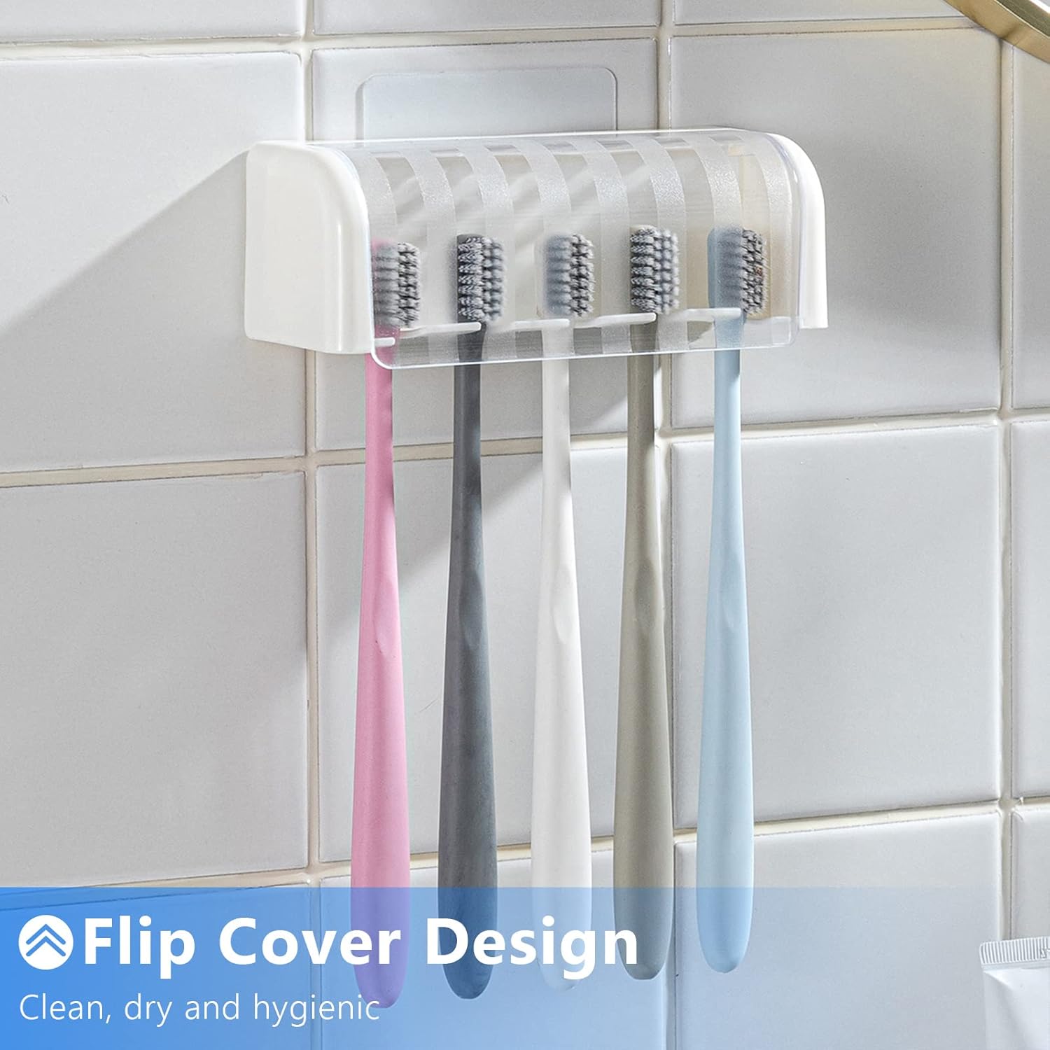 5 Slots Toothbrush Holder Wall Mount with Cover, Self Adhesive