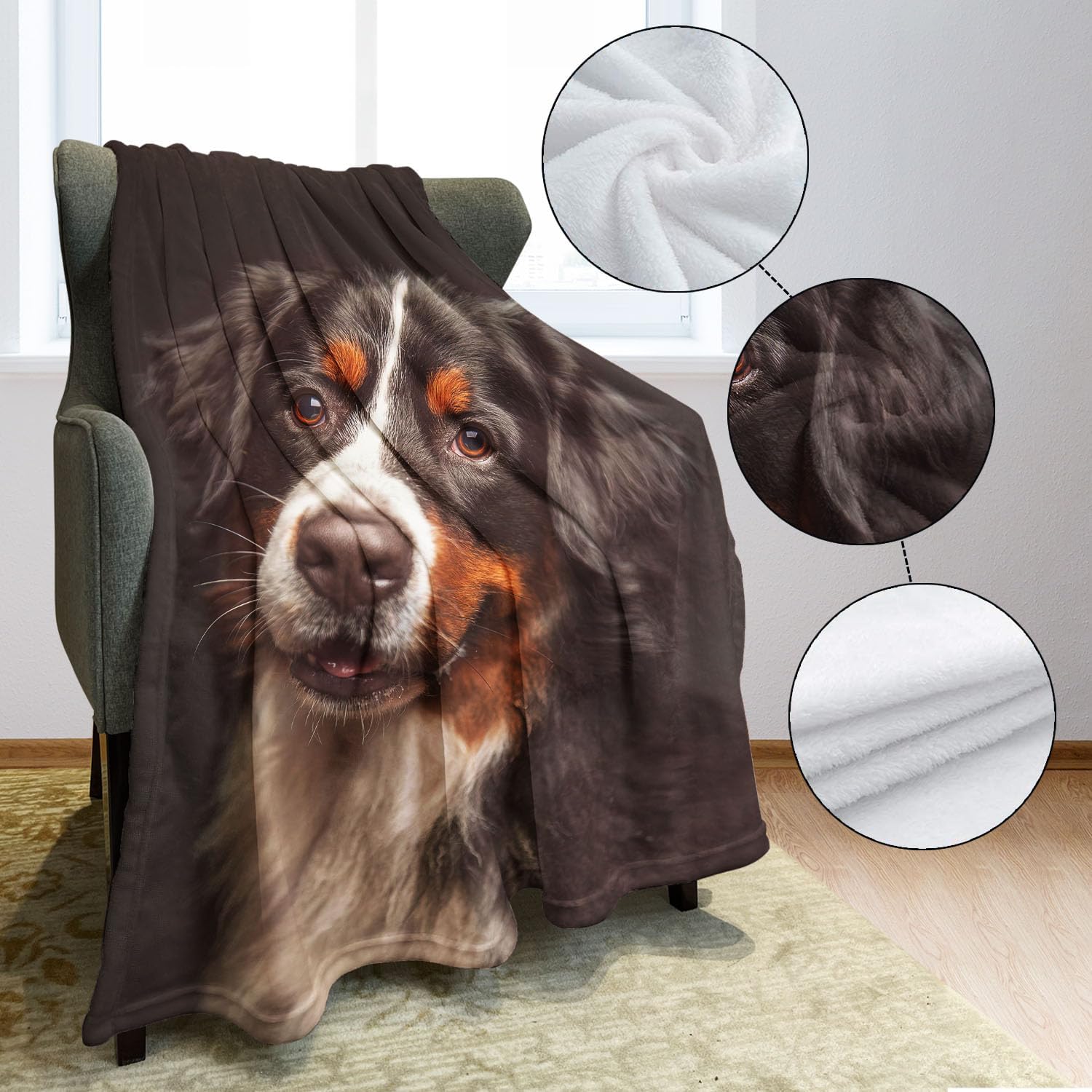 Bernese Mountain Dog Blanket Cute Animal Fleece Blanket Soft Fuzzy Plush Throw Blankets for Couch Bed 60"x80"