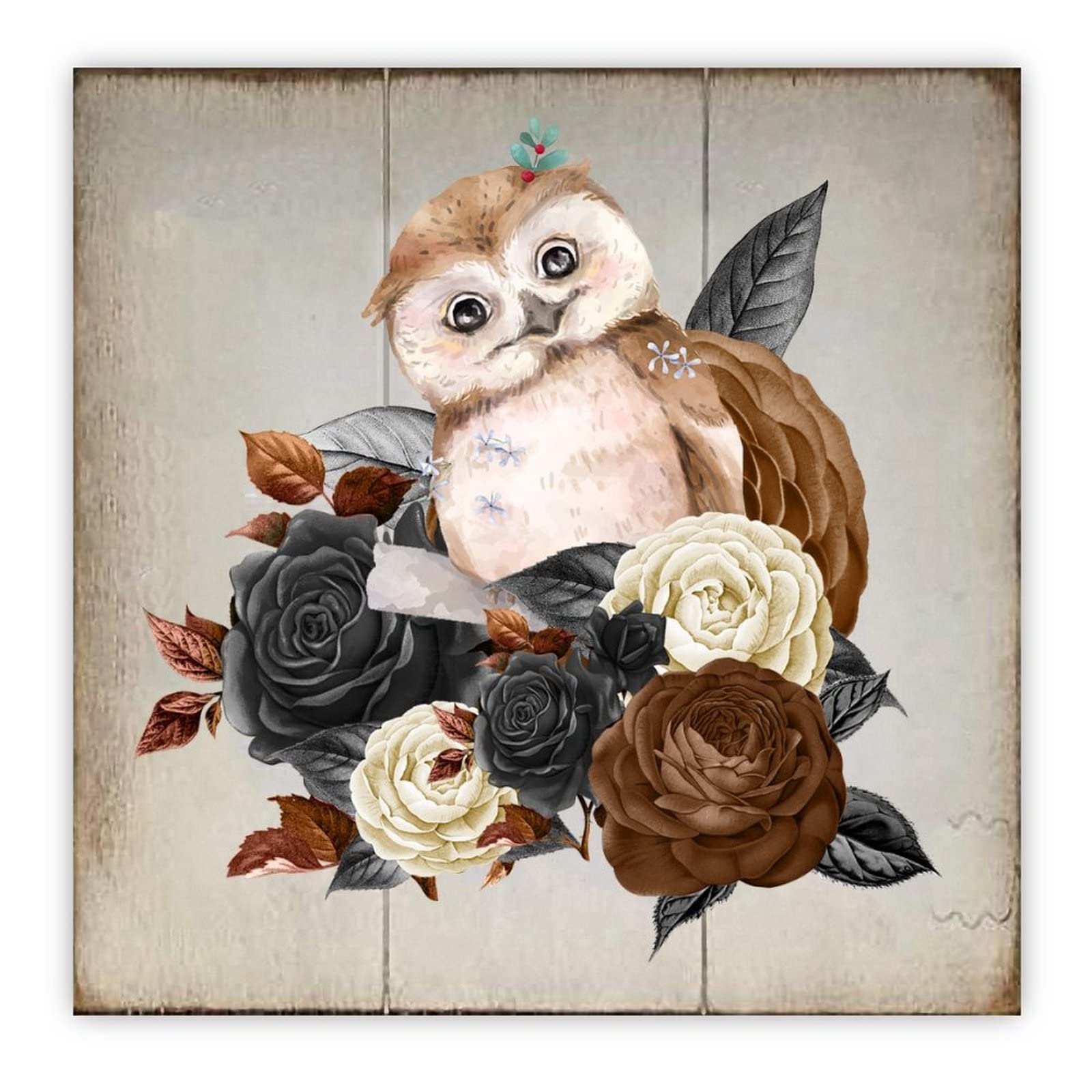 Panneau bois Halloween à suspendre tête de mort hibou fleur marron