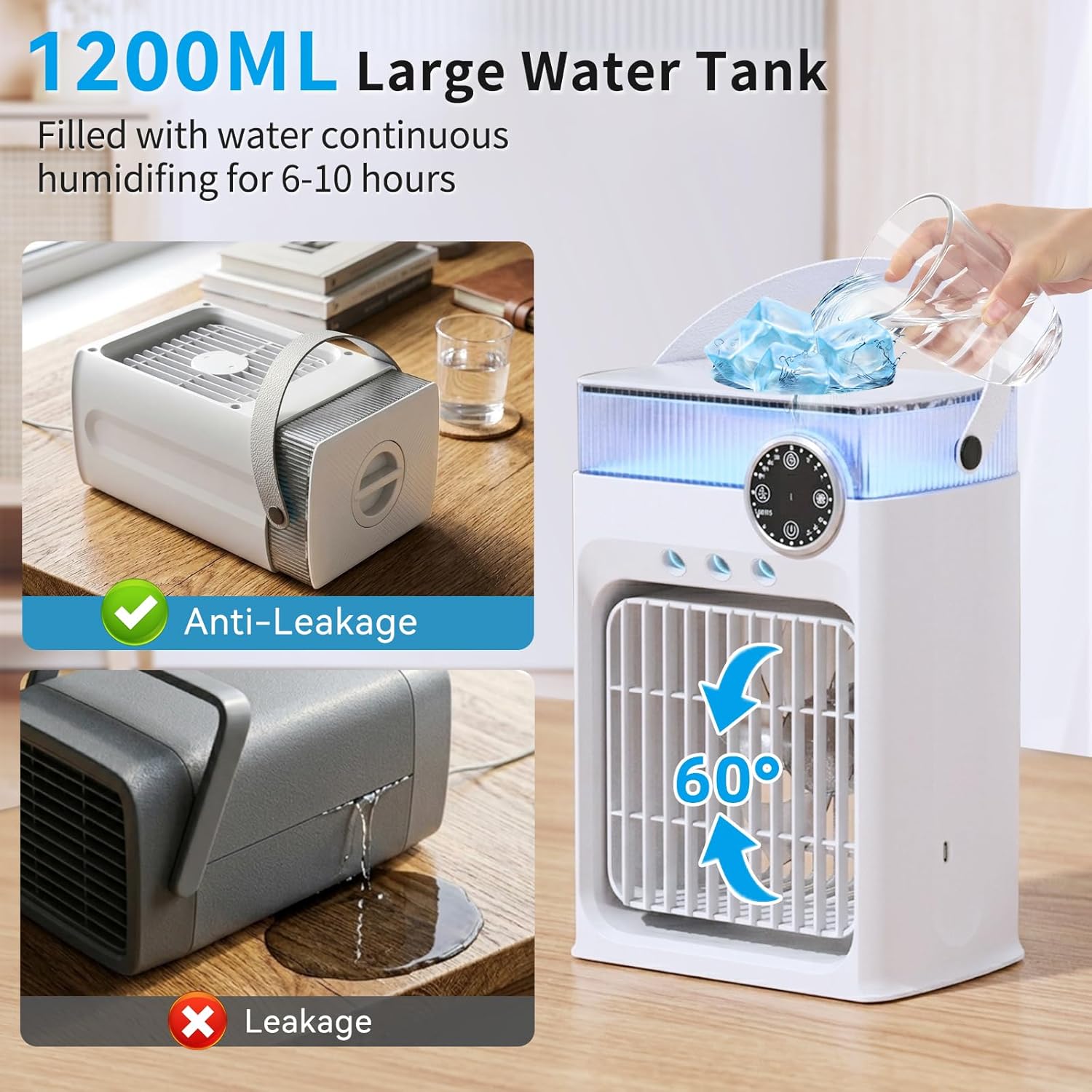 Portable Air Conditioner with Remote Control,1200ml Evaporative USB Mini Air Cooler Conditioner RGB 8 LEDs, 3 Speed 3 Spray Mode,2-8H Timer Small Portable Ac Unit for Home Bedroom,Pearl White