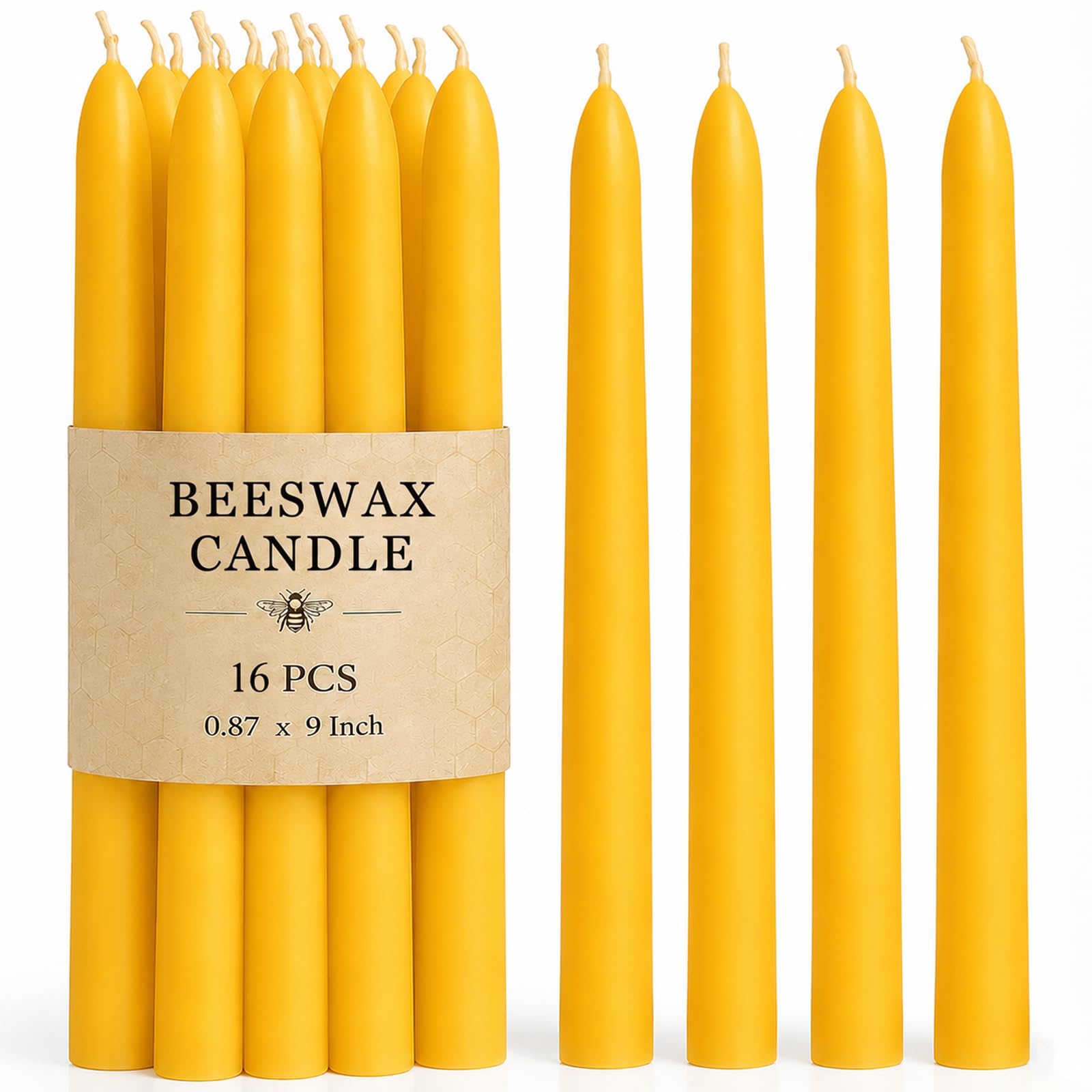 16 paquetes de velas cónicas de cera de abeja de 9 pulgadas, velas de cera de abeja totalmente natural, 10 horas de tiempo de combustión, velas cónicas sin humo y sin goteo para decoración de mesa