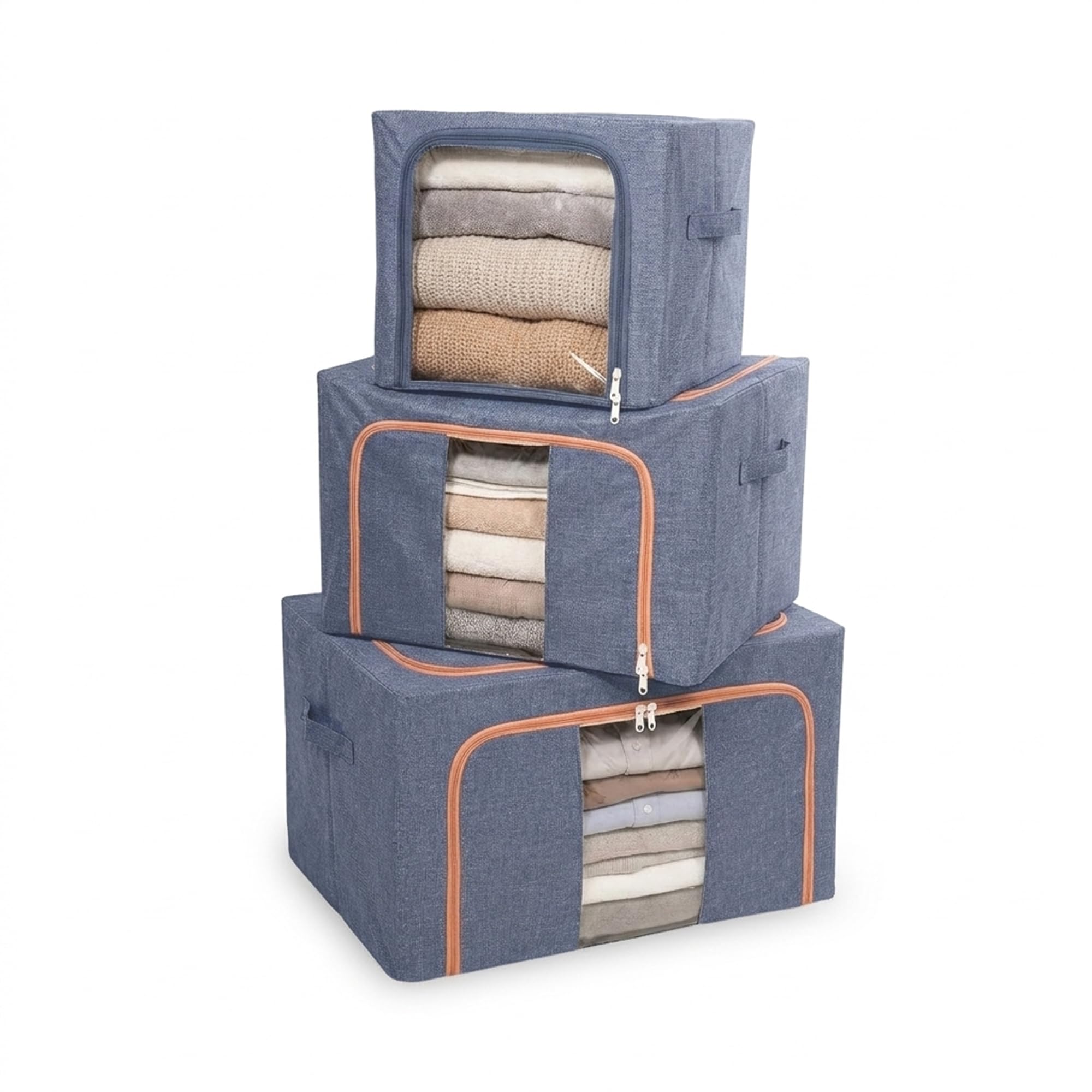 Clothes Storage Boxes with Clear Window & Twin Zipper, High Density Fabric, Reinforced Metal Frame, Stackable Wardrobe Storage Organiser for Clothes, Bedding, Blankets & Duvets- Set of 3 (Blue)