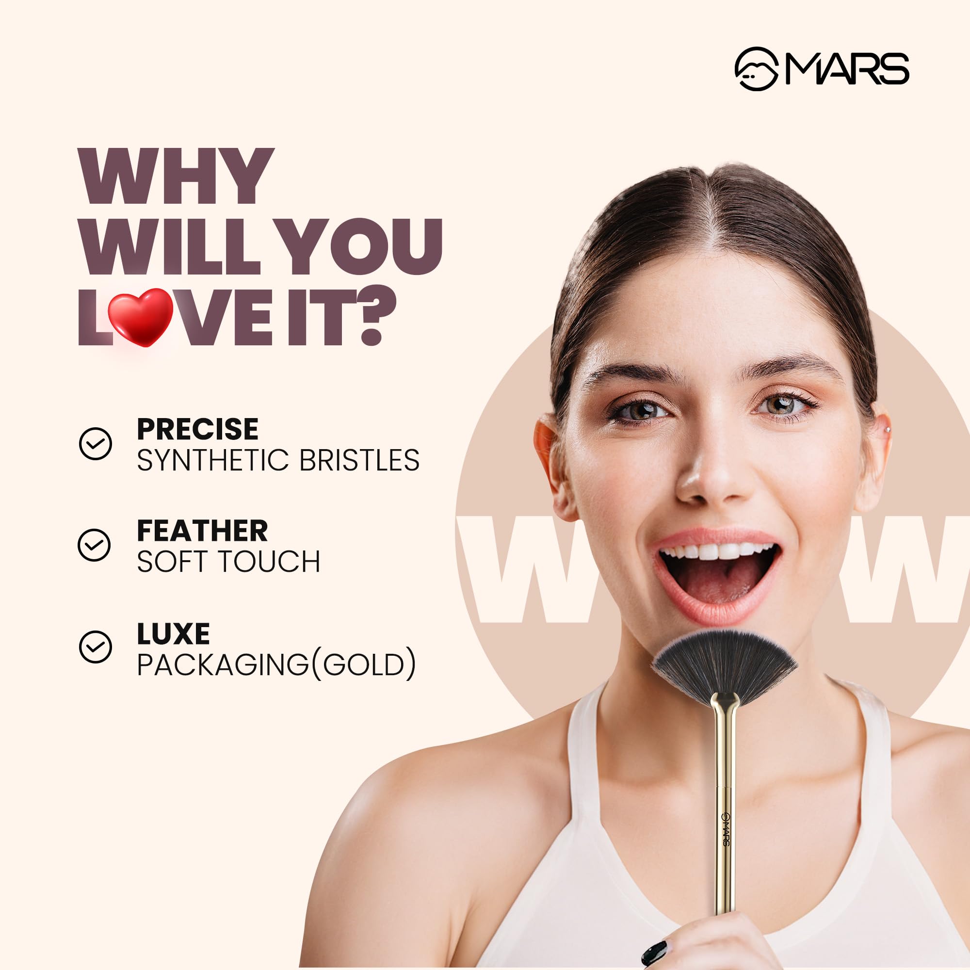 MARS Artist's Arsenal Professional Fan Brush For Face Highlighting | Precise Synthetic Brushes | Feather Soft Touch | Perfect For Highlighting | Luxe Packaging Makeup Brush (Golden) - Image 2 thumbnail