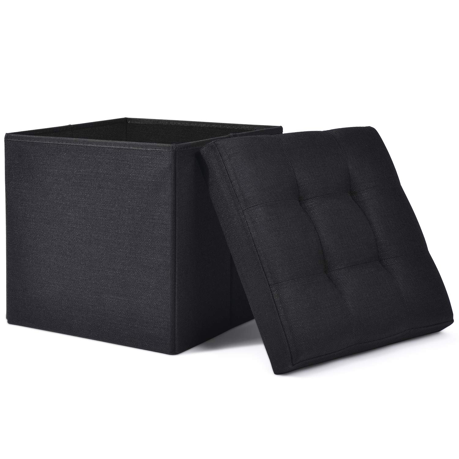 WoneNice Folding Storage Ottoman Cube Foot Rest Stool Seat- 15" x 15" (Linen Black)