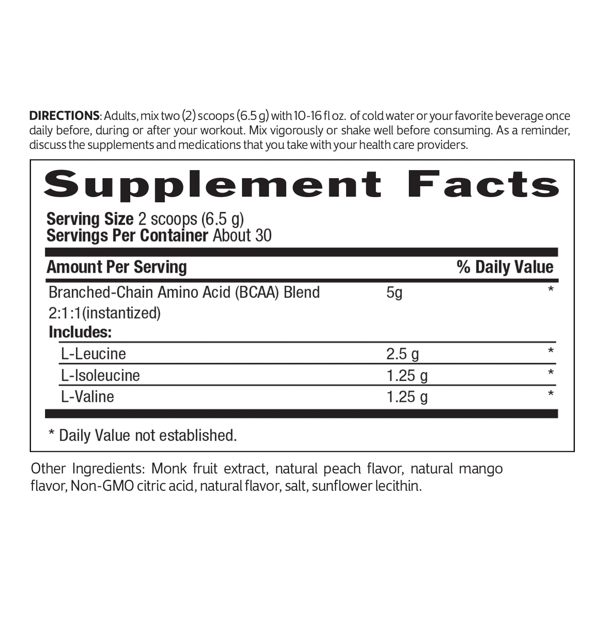 Biochem BCAA Powder Peach Mango 5g, 6.9oz, Certified Vegan, Certified Gluten Free, Keto Friendly