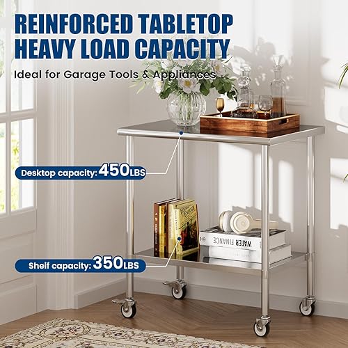 Miniatura 2 de Mesa de trabajo de acero inoxidable con ruedas, mesa de preparación de cocina NSF de 24 x 36 pulgadas con estante inferior ajustable para