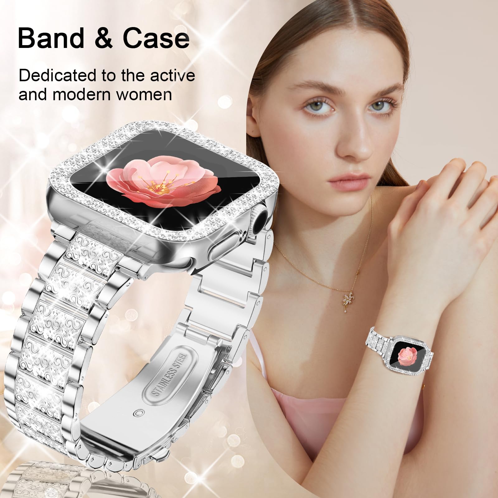 Newlibery Bling Band with Bling Case for Women Compatible with Apple Watch 40mm Elegant Dressy Jewelry Replacement Metal Link Wristband Protector Cover for iWatch Series 9/8/7/6/5/4/3/2/1/SE Silver