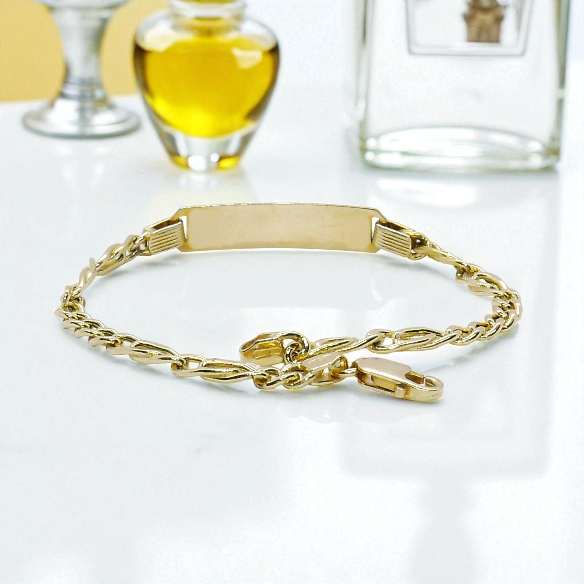 Never Say Never Braccialetto per comunione in oro giallo 18 carati, per bambino, con targhetta personalizzabile – 18,5 cm – 4,0 mm – 6,25 g