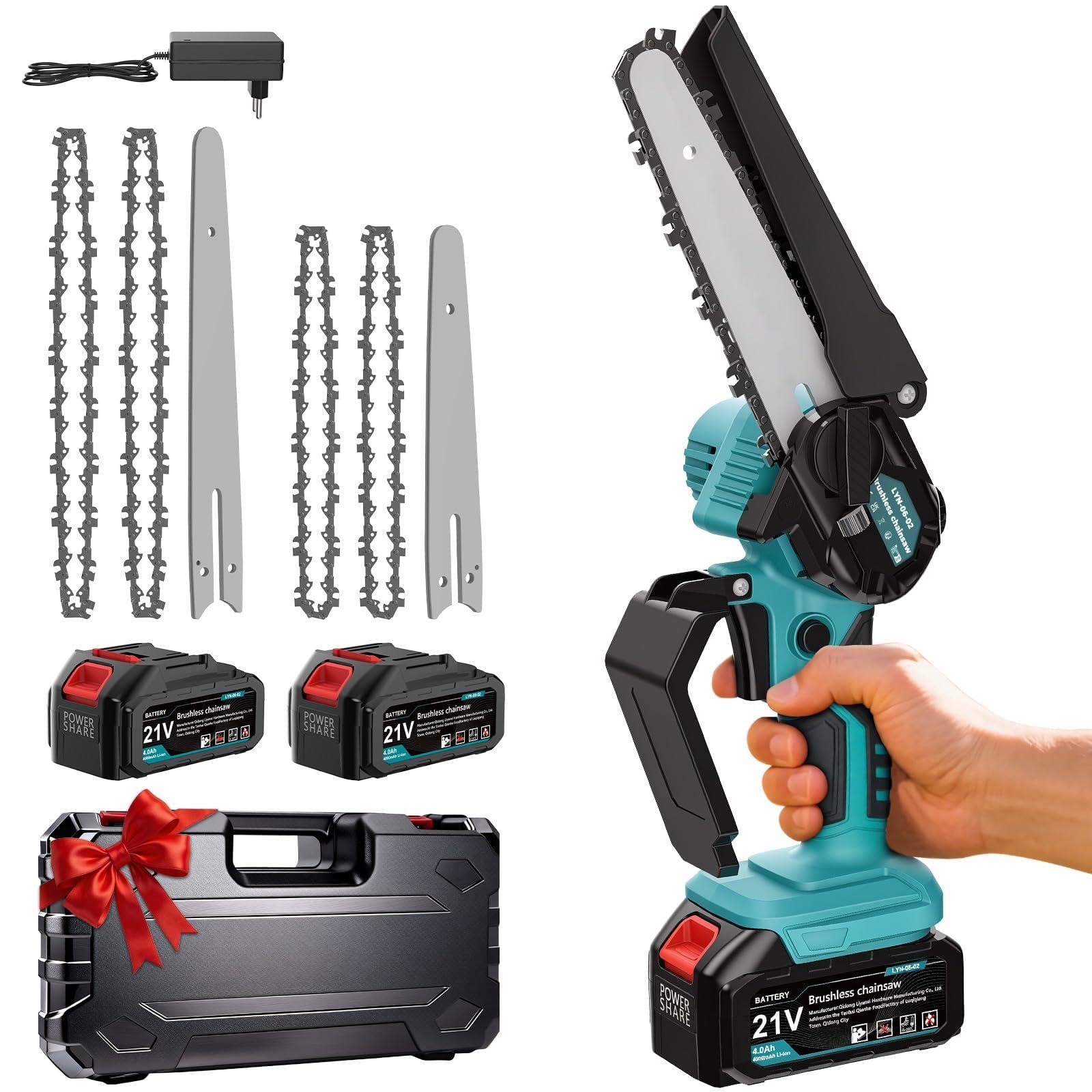 Mini motosega con batteria da 8000 mAh, 20,3 cm e 15,2 cm, senza spazzole, con 2 batterie da 4000 mAh, olio automatico, sega a mano, batteria per cesoie da giardino, cesoie da potatura, taglio del