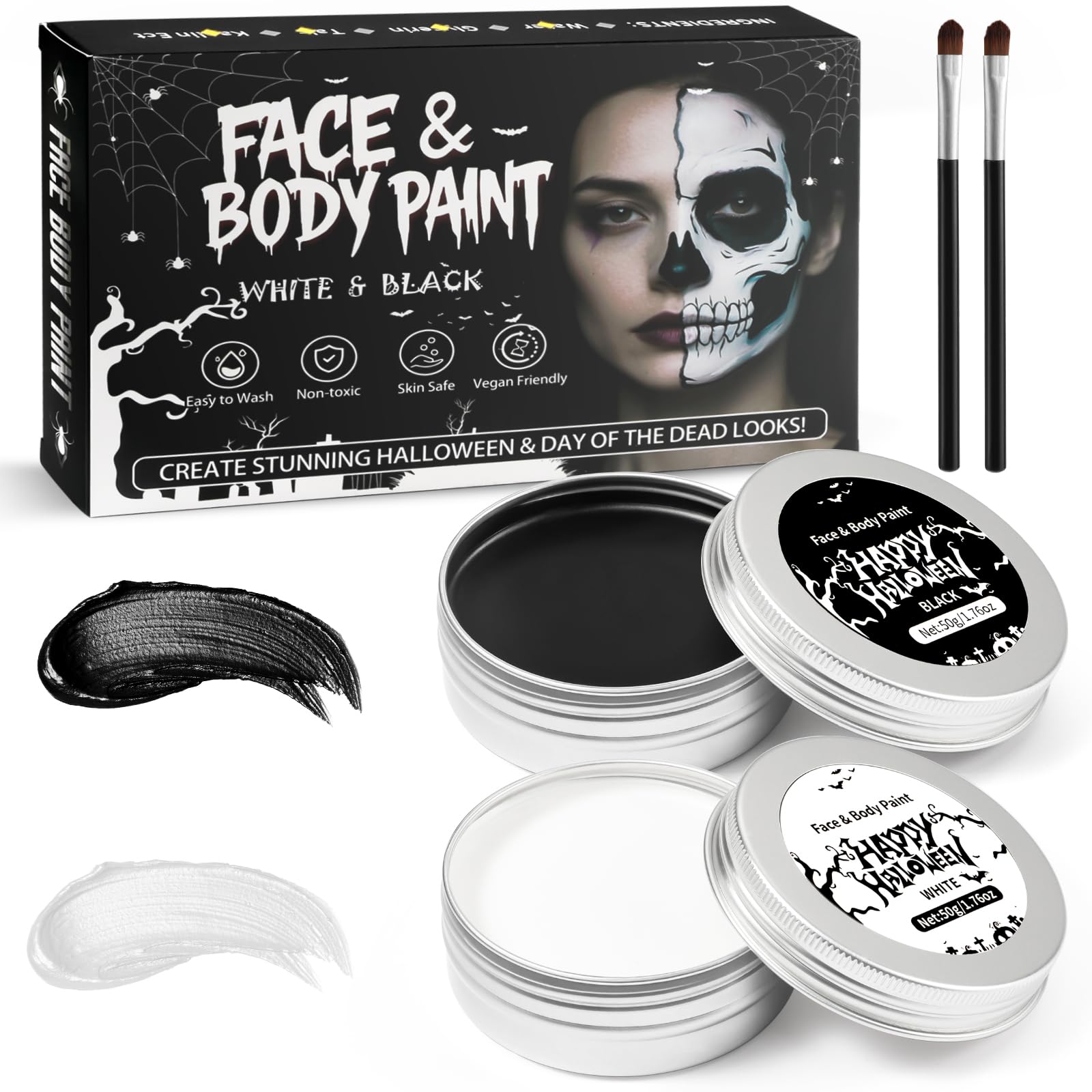 Halloween Schminke Set (Schwarz & Weiß, je 50 g) mit 2 Pinseln