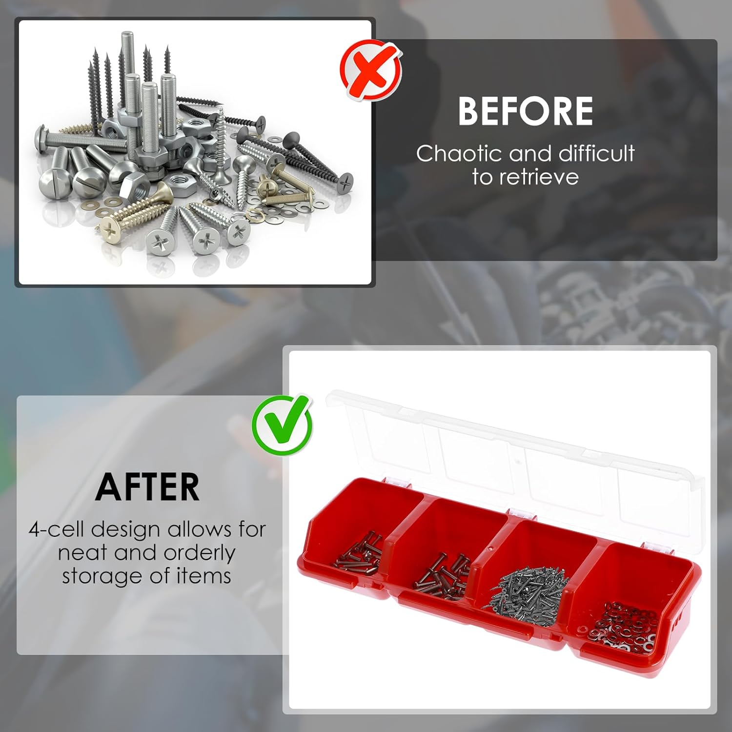 A 'Before' image showing a chaotic pile of screws and nuts, contrasted with an 'After' image showing a red plastic organizer box with screws neatly sorted into its four compartments.