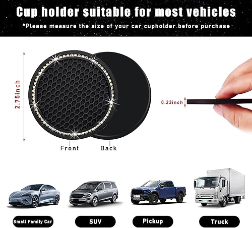 Miniatura 2 de Kewucn Paquete de 2 posavasos brillantes para automóvil, 2.75 pulgadas, de silicona con diamantes de imitación, portavasos de goma suave con