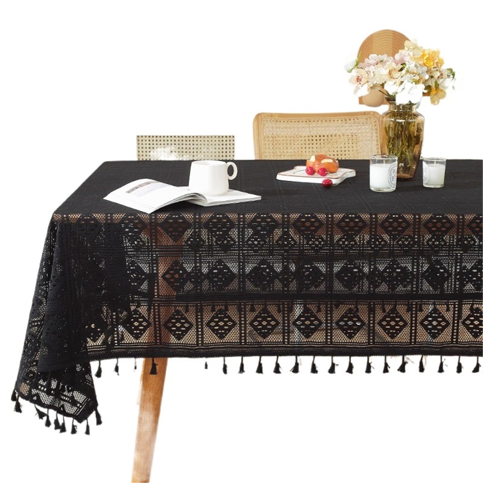 VIOLDHHJK Lace Tablecloth Lace Tablecloth Retro Crochet Hollowed Out Cover Cloth Household Proof Dining Table Fabric Tassel(Black,140X180cm)