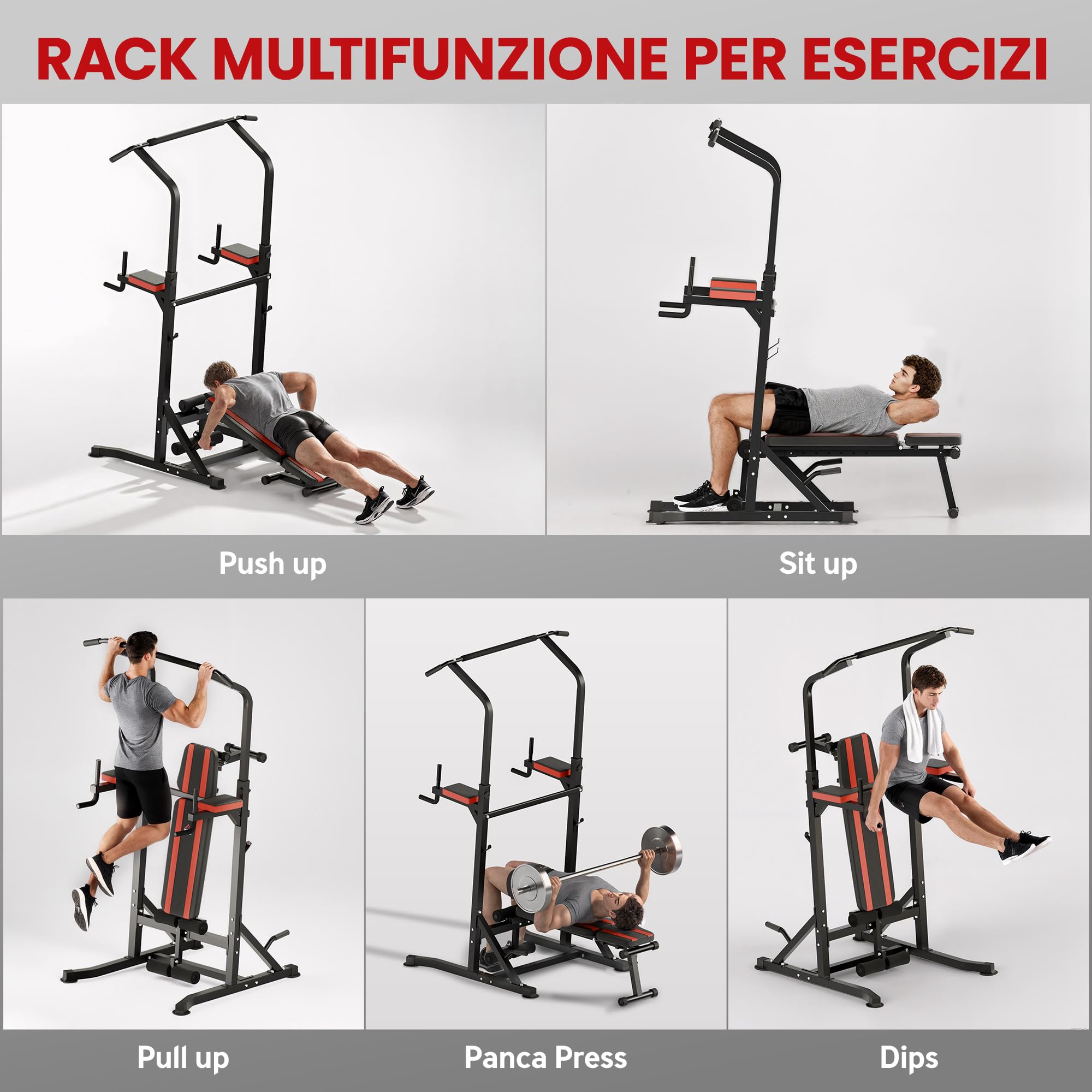 HOMCOM Power Tower Pieghevole, Stazione Fitness Multifunzione Regolabile in 7 Posizioni con Sbarra Trazioni, Dip Station, Pull UP Station e Panca Piana in Acciaio, per Home Gym Casa, Portata 150kg