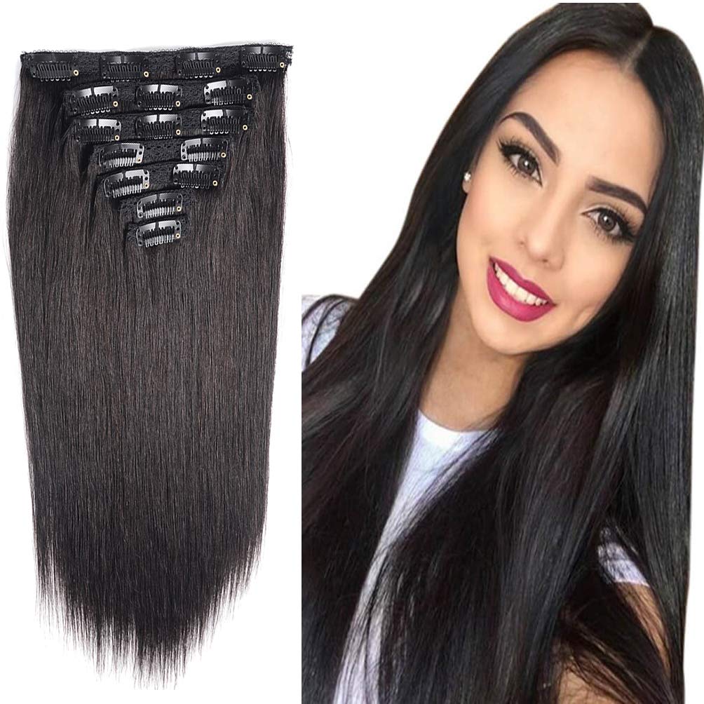 FAAAL14" Clip in Human Hair Extensions Full Head 110g 7 Pieces 16 Clips Natural Black Double Weft Brazilian Real Remy Hair Extensions Thick Straight Silky (14",110g 1B#)