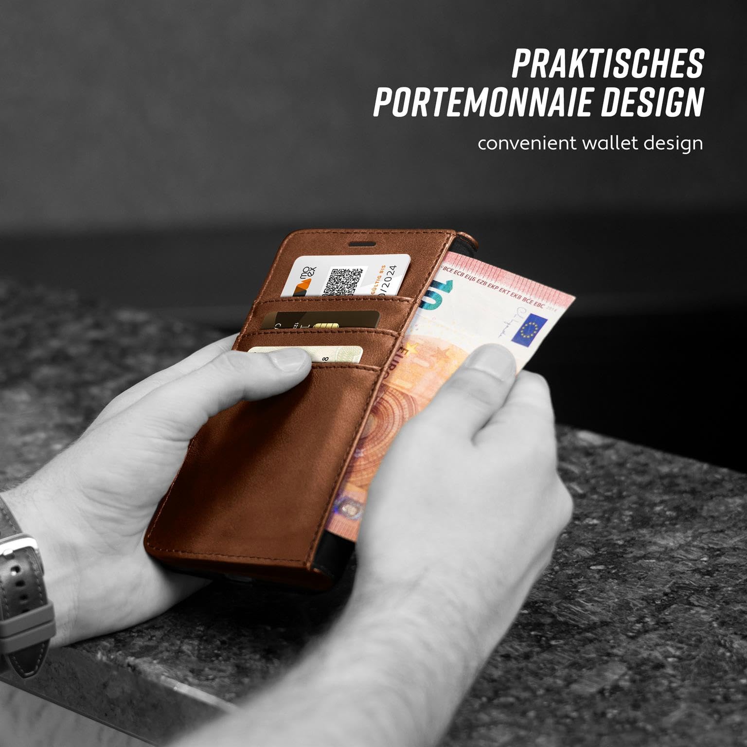 moex Booklet in Leather Look - Card Slots and Stand Function Compatible with Huawei P9 Lite | Elegant 360 Degree Full Protection Dark Brown: . de