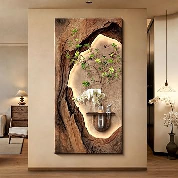 Modern 3D Sandstone Wall Decorative Painting with LED Light,Plug-in Power Supply Wall Sculptures Hanging Mural,hydroponic green plants,Retro borderless,for EntranceA,40*80cm/15.7*31.5in