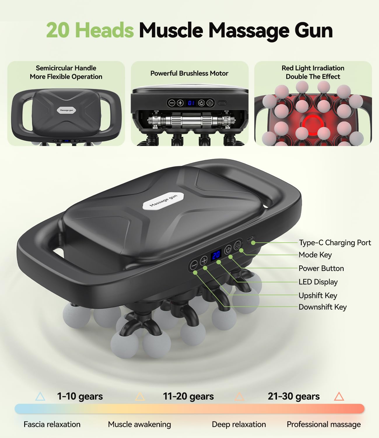 Pistola de Masaje Muscular 20 Cabezales, Masajeador Eléctrico 30 Niveles y 3 Modos, 1800mAh, Alivio del Dolor Muscular, Masajeador Muscular para Espalda, Hombros y Piernas