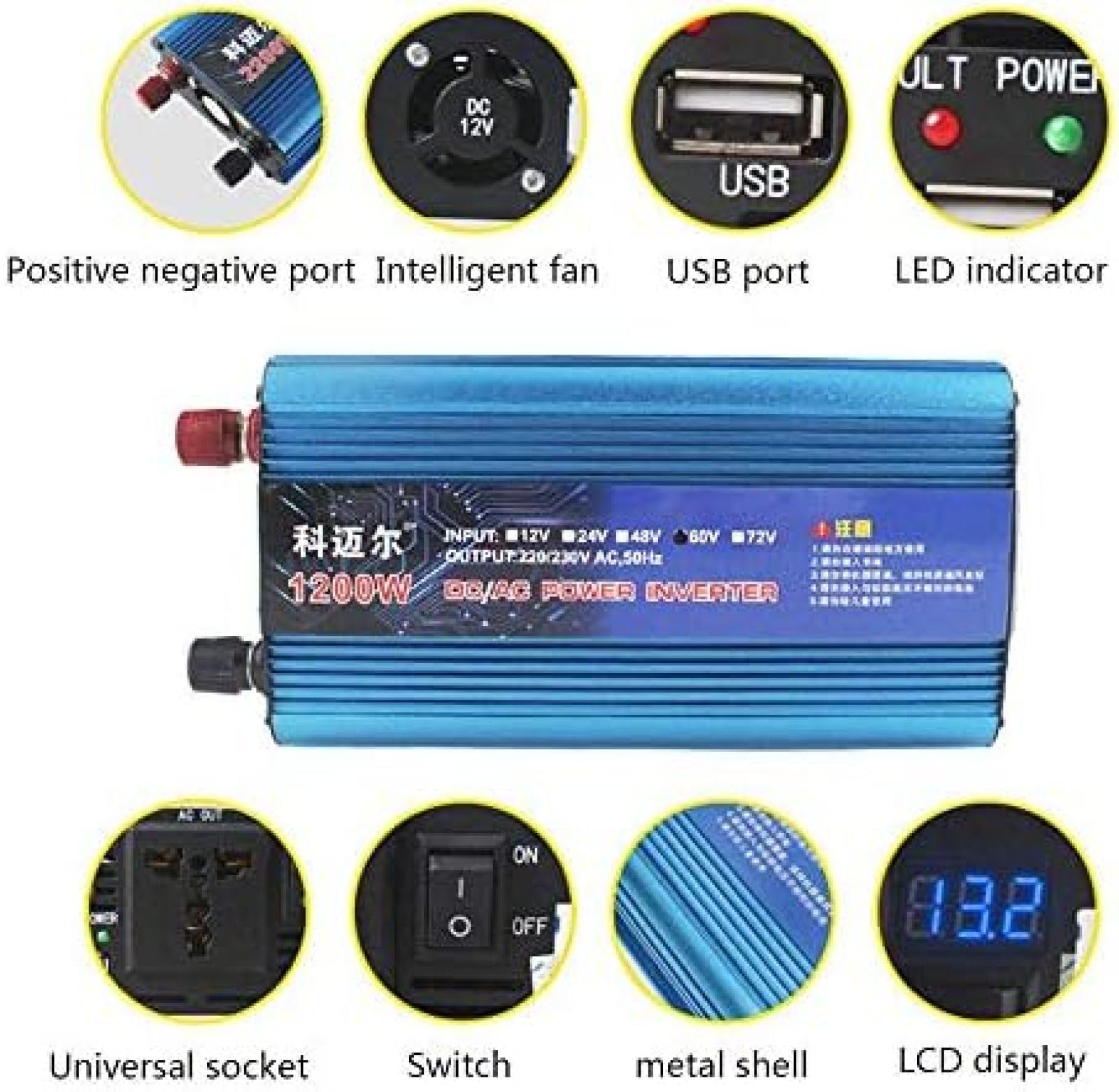 Zmodyfikowany falownik sinusoidalny Dc 12 V / 24 V / 36 V / 48 V / 60 V / 72 V na AC 220 V / 230 V, Przetwornica napięcia 1200 W 1600 W 2200 W, Przetwornica ze złączem USB na kemping, podróż