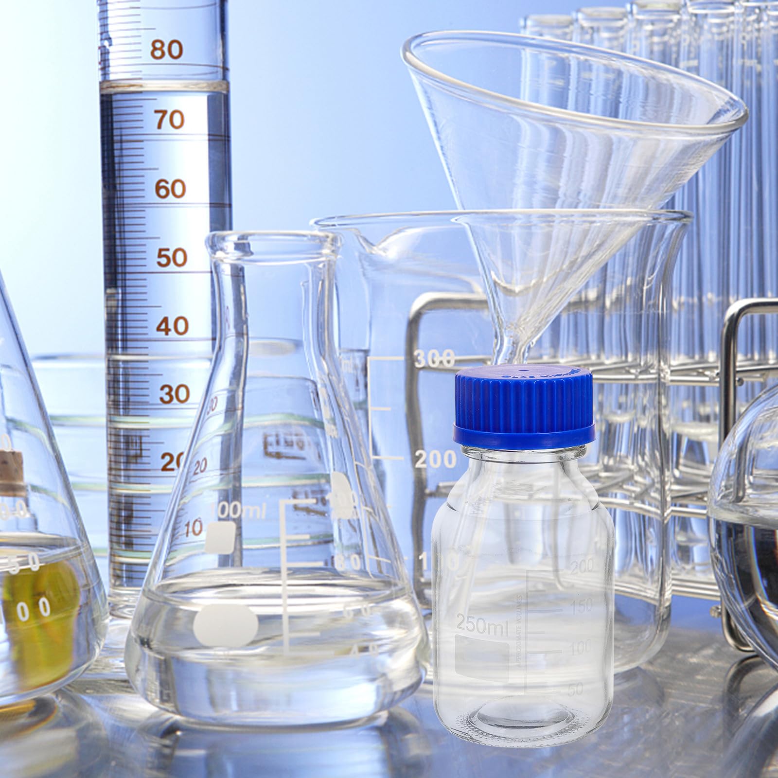 Bottiglia di Reagente in Vetro 250ml Blu, 4 Pezzi con Tappi a Vite, Resistente All’usura alla Rottura, per Laboratorio e Aula