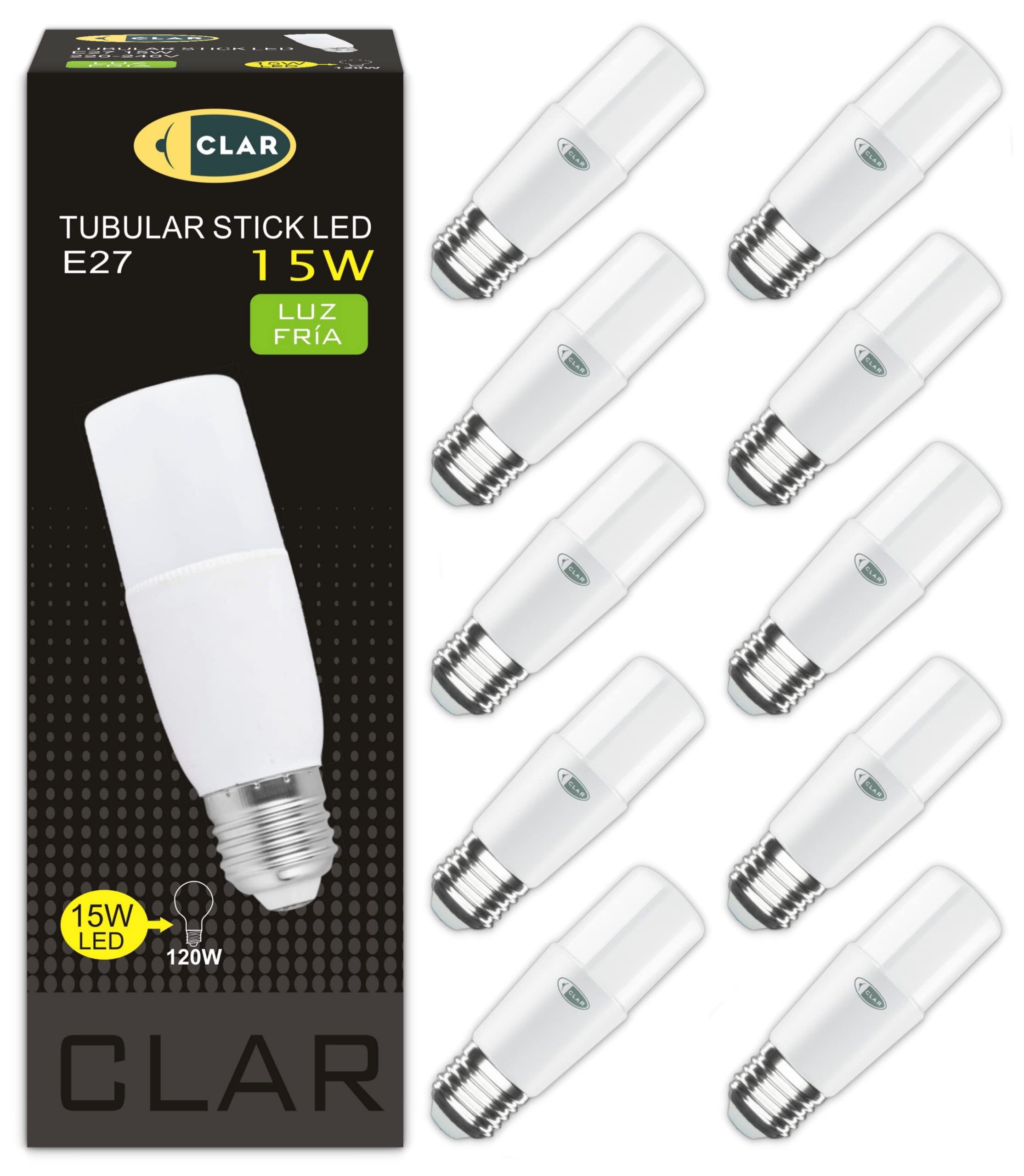 CLAR - Energiesparlampe E27, Maiskolben LED E27, Energiesparlampen, Länglich LED, 15W Kaltweiß 6000ºK (Pack 10)