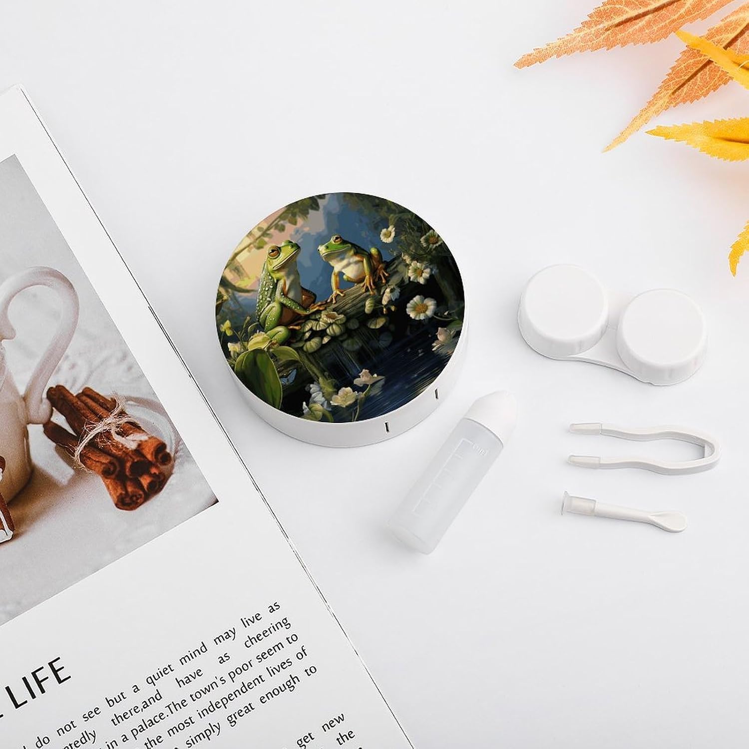 Many Frogs Sing on The Branches Summer Butterflies Lake Water Contact Lens Case Portable Contact Lens Applicator Removal Tool Kit Cute Round Eyeglass Cases with Mirror for Daily Vision Care And Outdoo