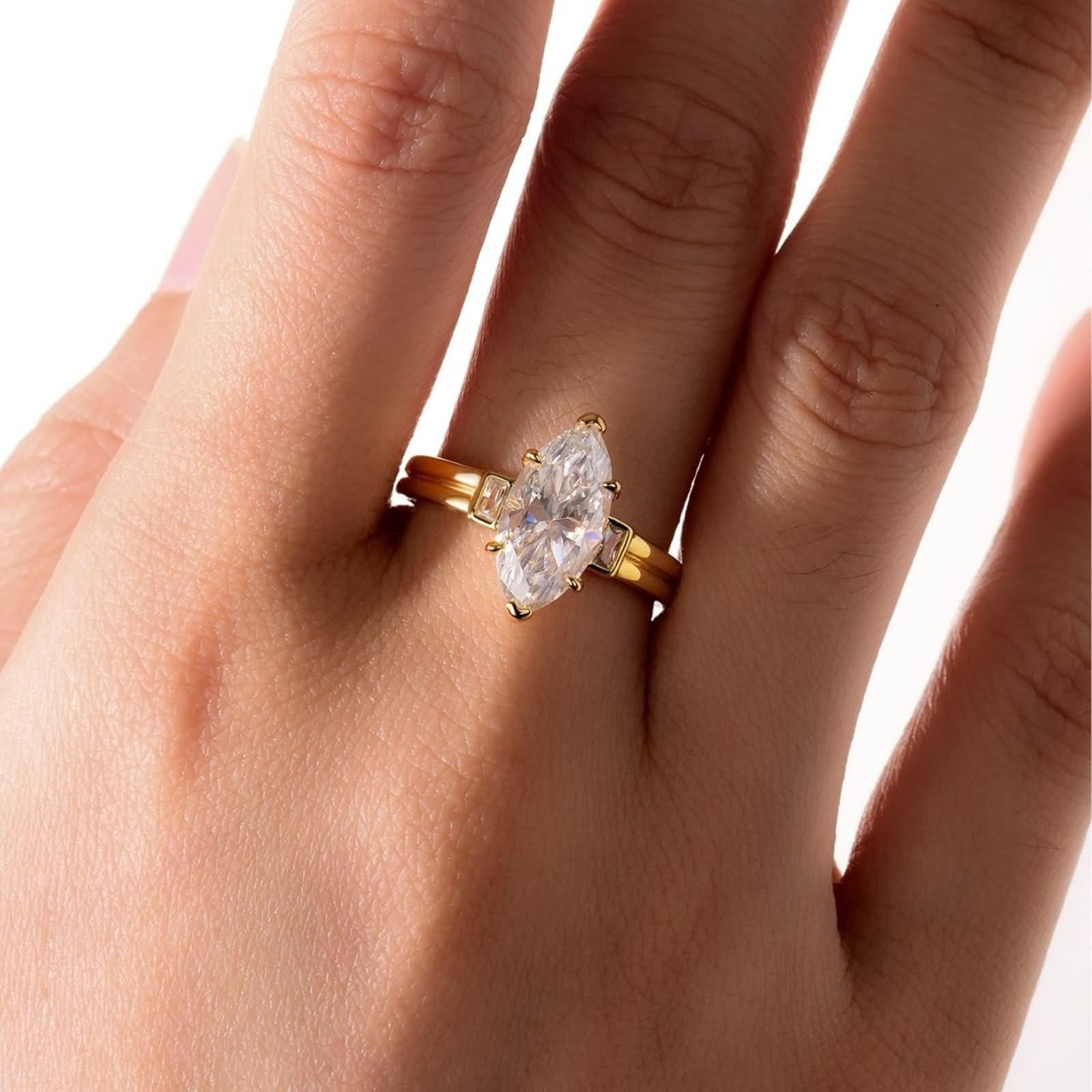 Anillos de compromiso, anillos de amistad, marquesa con moissanite de 3 quilates, oro amarillo de 14 quilates, talla 65 (20,7)