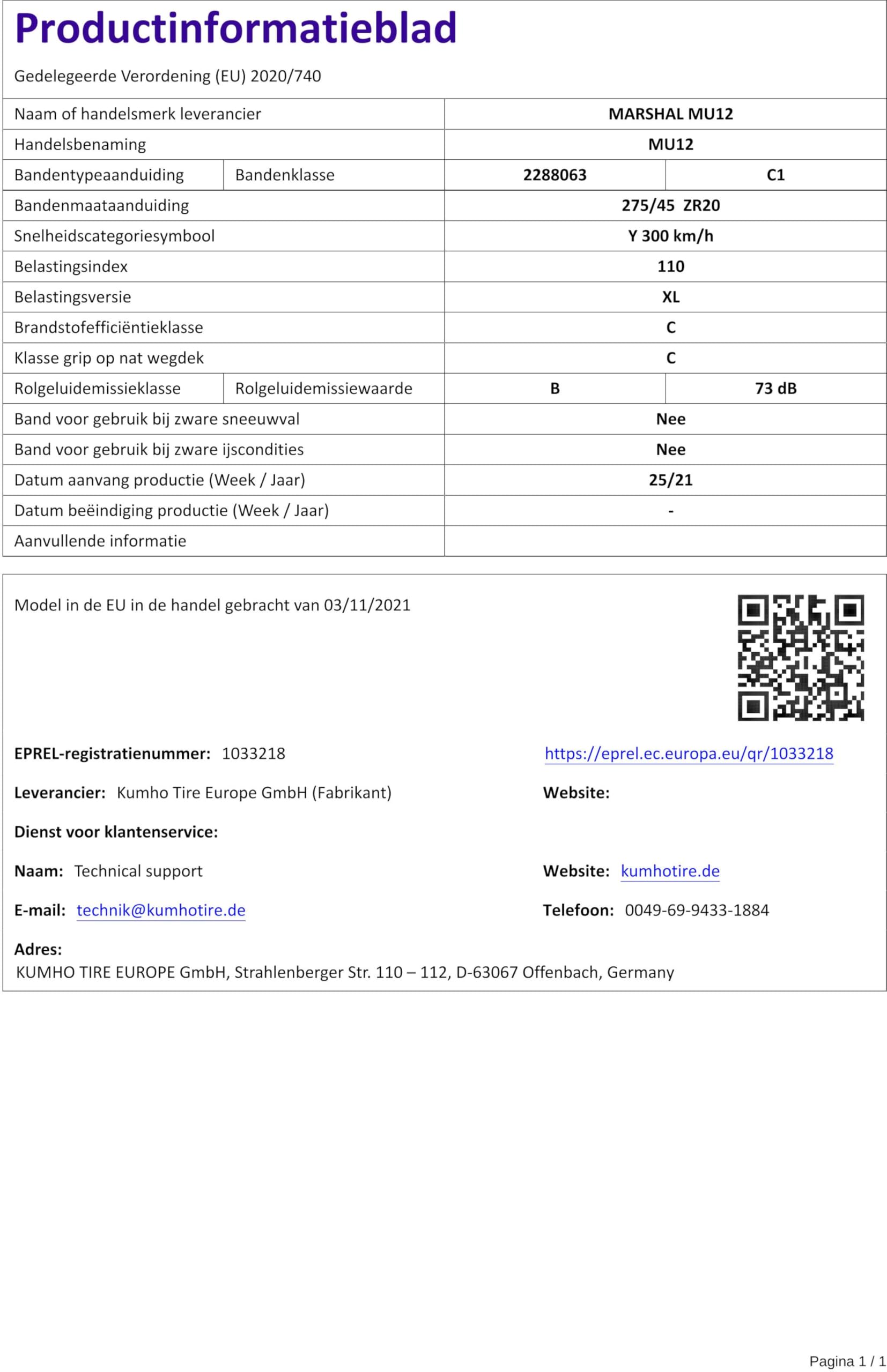 MARSHAL - 275/45 ZR20 TL 110Y MATRAC FX MU12 XL BSW – Pneumatici estivi