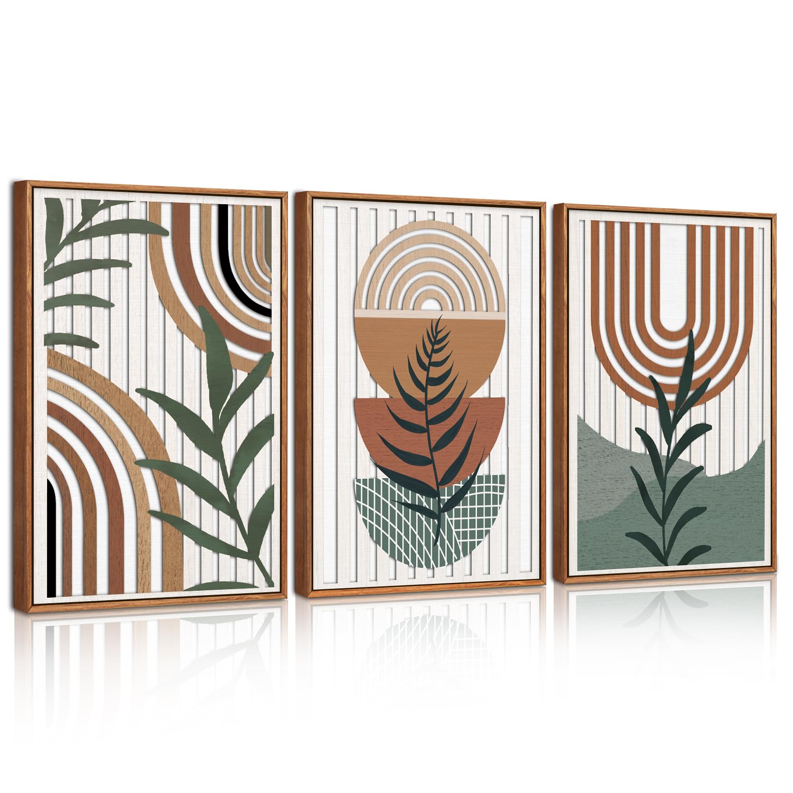 CHDITB 3pcs Green Sage Boho Abstract Wall Art,3D Boho Mid century Poster Set,Modern Geometric Leaves Artwork,Bohemian Framed Wall Decor,Nature Plants Wall Art for Living Room Bedroom Office,30x40cm — image 1