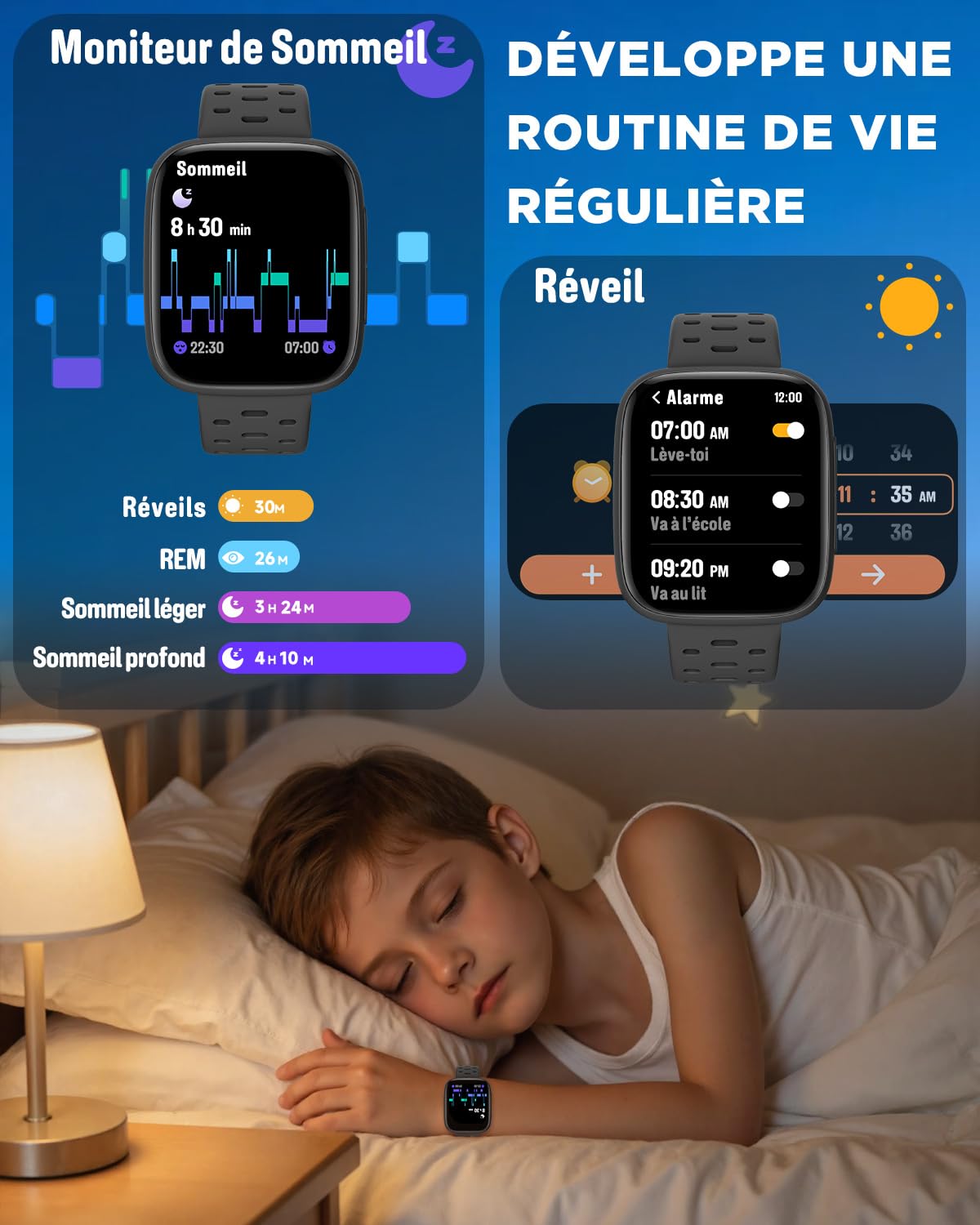 BIGGERFIVE Montre Enfant Connectée ou Non, 1,8" Amoled Smartwatch Podomètre | Cardiofrequencemètre, 30m Étanche, Moniteur de Sommeil, Jeux de Puzzle, 100+ Cadrans pour Garçons Filles Ados 5-16, Noir