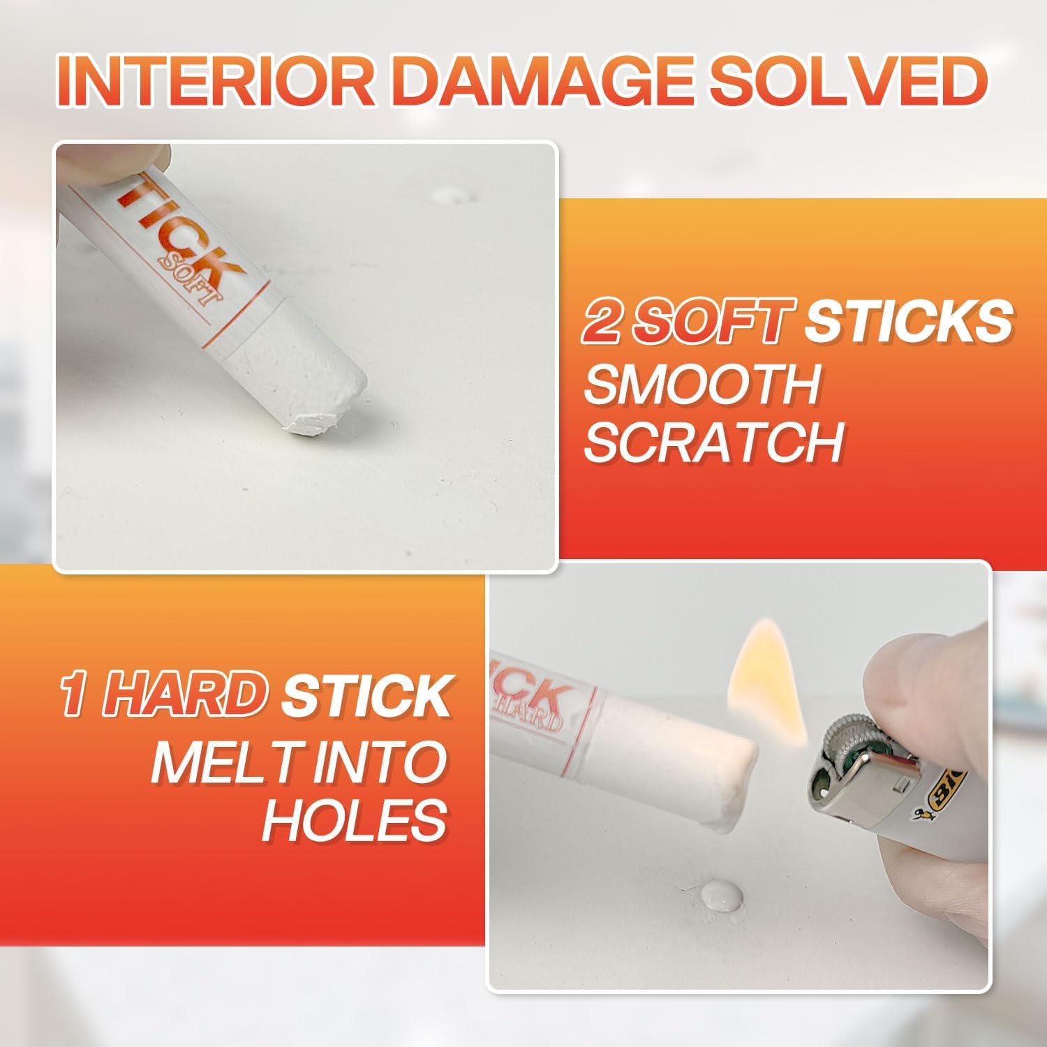 White Wood Filler Sticks 3 Pack - Fil Stick Quickly Fix Nail Hole, Ding, Scratch in Baseboard, Cabinet, Trim, Furniture & Drywall - Wood Repair Putty Wax Pen for Renters & Movers - Pure White