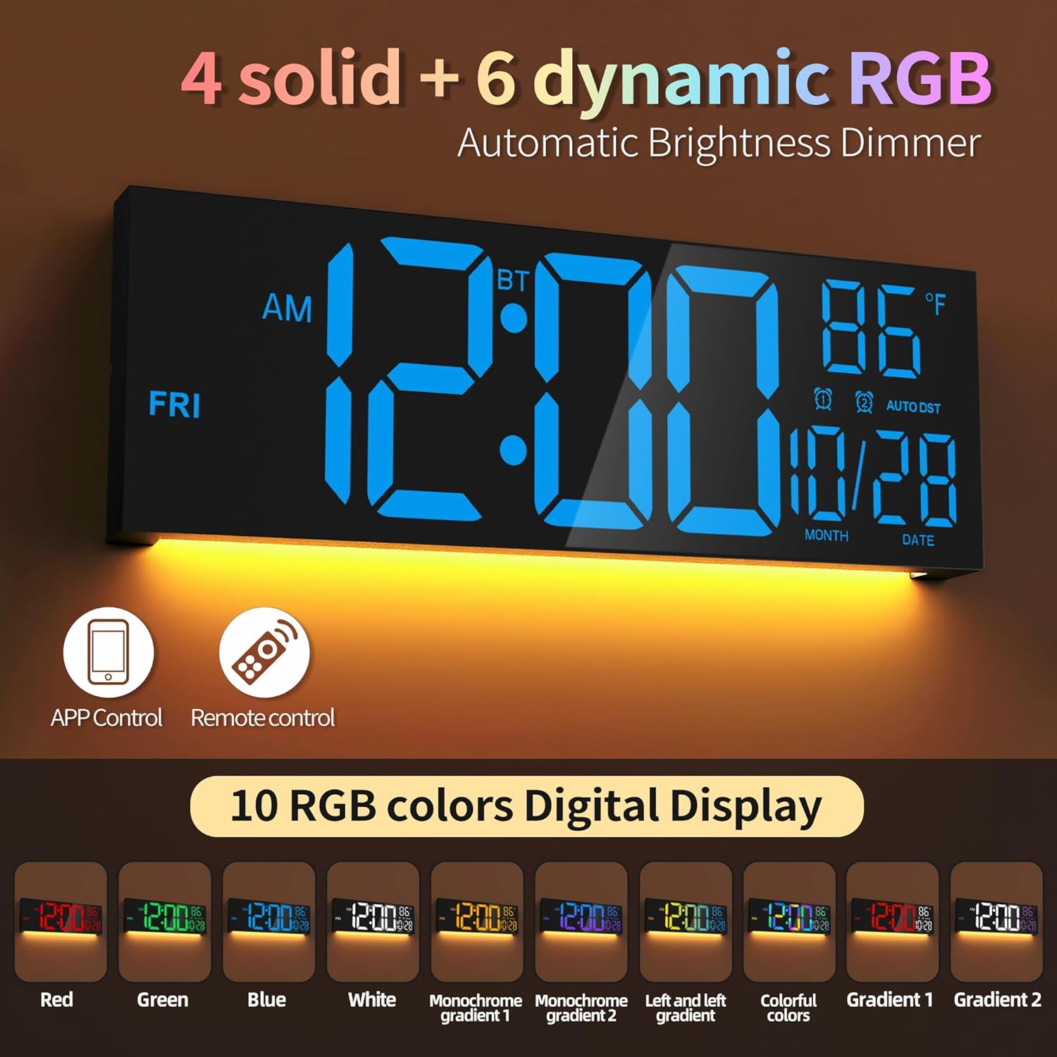 16.5" Digital Wall Clock with Bluetooth Auto-Sync, Large LED Display, Smart Auto Dimming, DST, Remote Control, Night Light, Date & Temperature for Living Room,Black