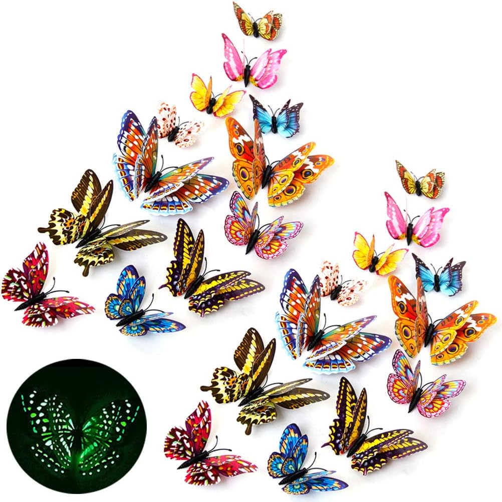 3D Butterfly Wall Stickers Decor 24 Pcs Luminous Colorful