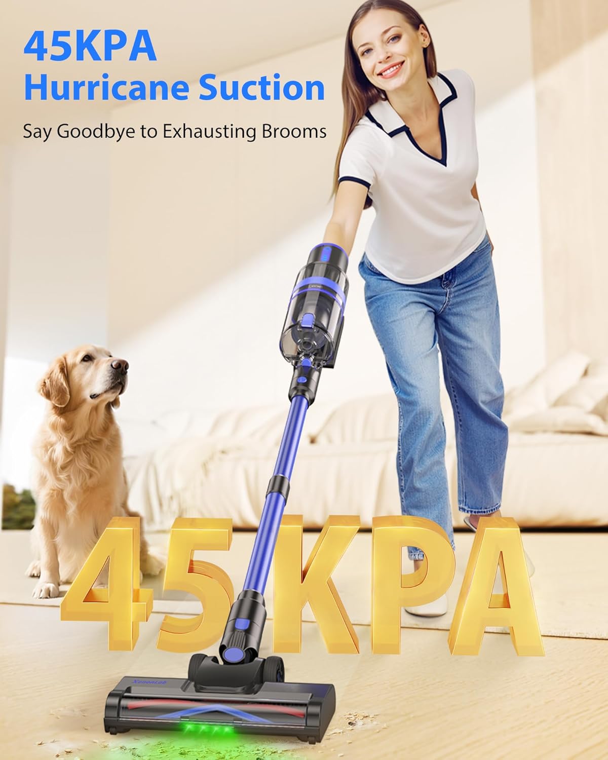 Woman vacuuming with XenonLab W750, highlighting 45KPA suction