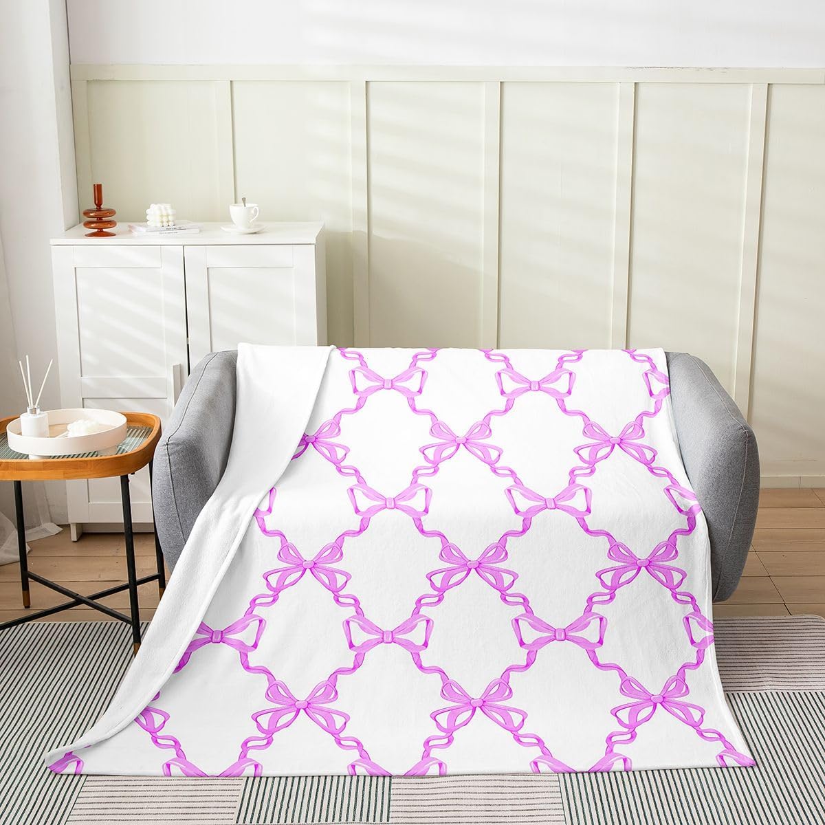 Erosebridal Modern Bowknot Blanket Queen 90x90 Purple Bows Ribbon Flannel Blanket for Bed Sofa Crib Coquette Bow Bedroom Decor Trendy Bow Tie Preppy Fuzzy Plush Throw