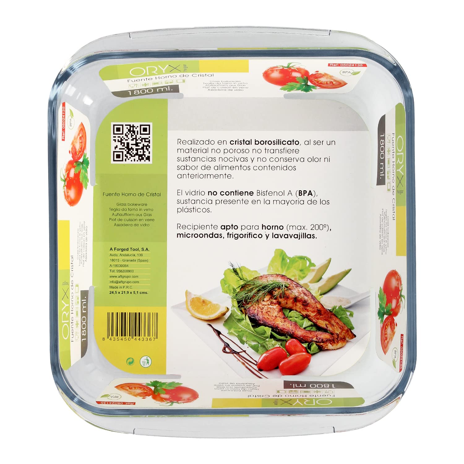 Plat à Four En Verre Borosilicate Carré ORYX 1,1 L - 20,7 X 20,7 Cm, Va Au Four (200°C), Micro-ondes, Lave-vaisselle, Sans BPA - 6