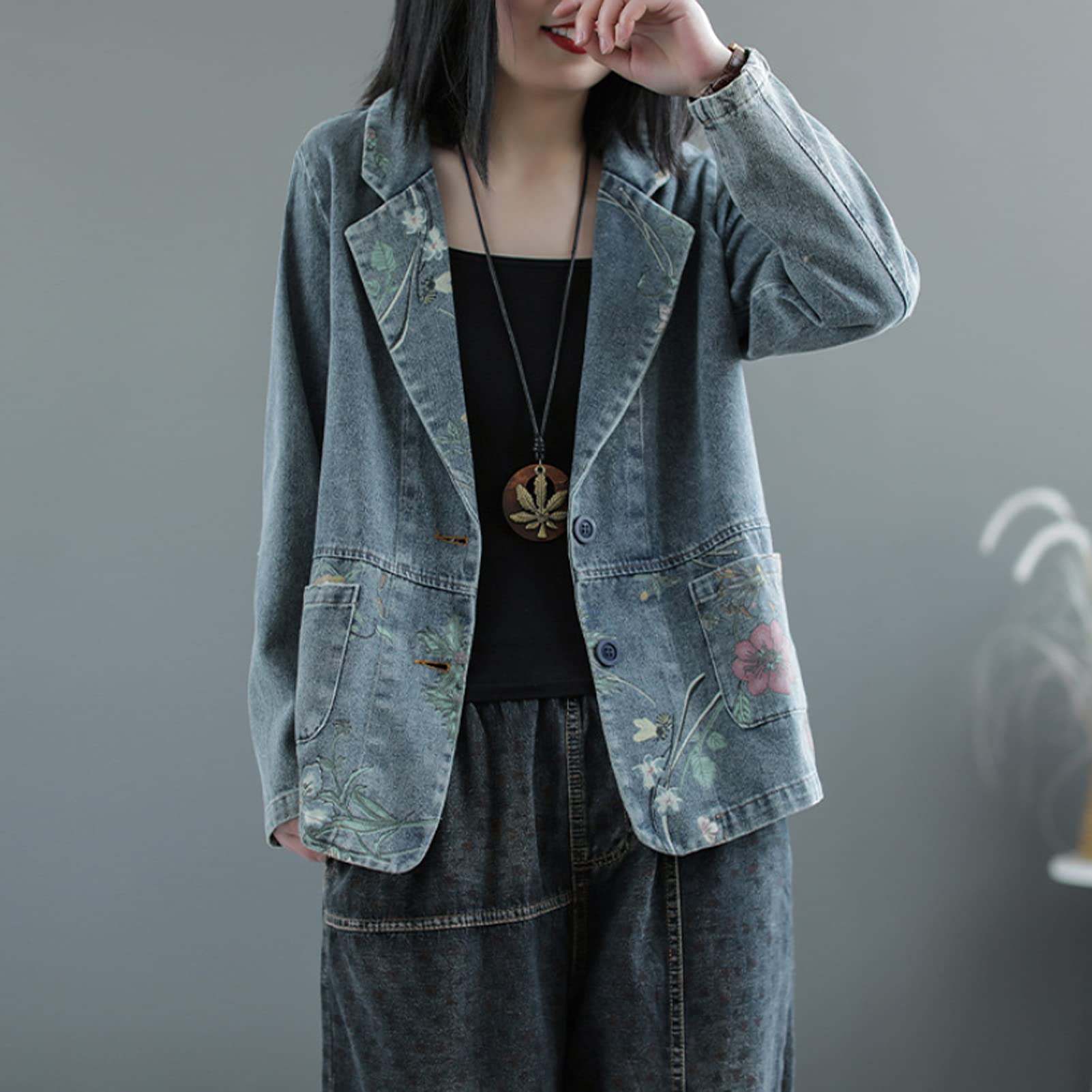 Blazer da donna in denim di cotone, a maniche lunghe, con bottoni da bavero, giacca da lavoro e da ufficio