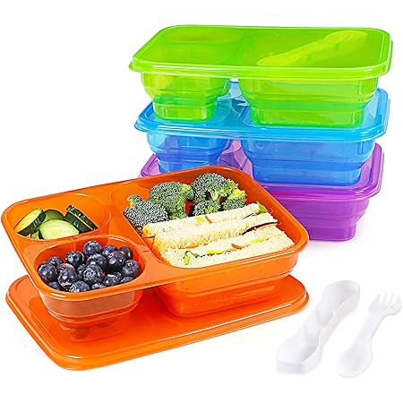 Caperci Bento Lunch Box Containers - Premium Reusable 46-oz Meal Prep Food Storage for School, Work, Travel, Built-In Reusable Utensil, Set of 4 (Jewel Brights)