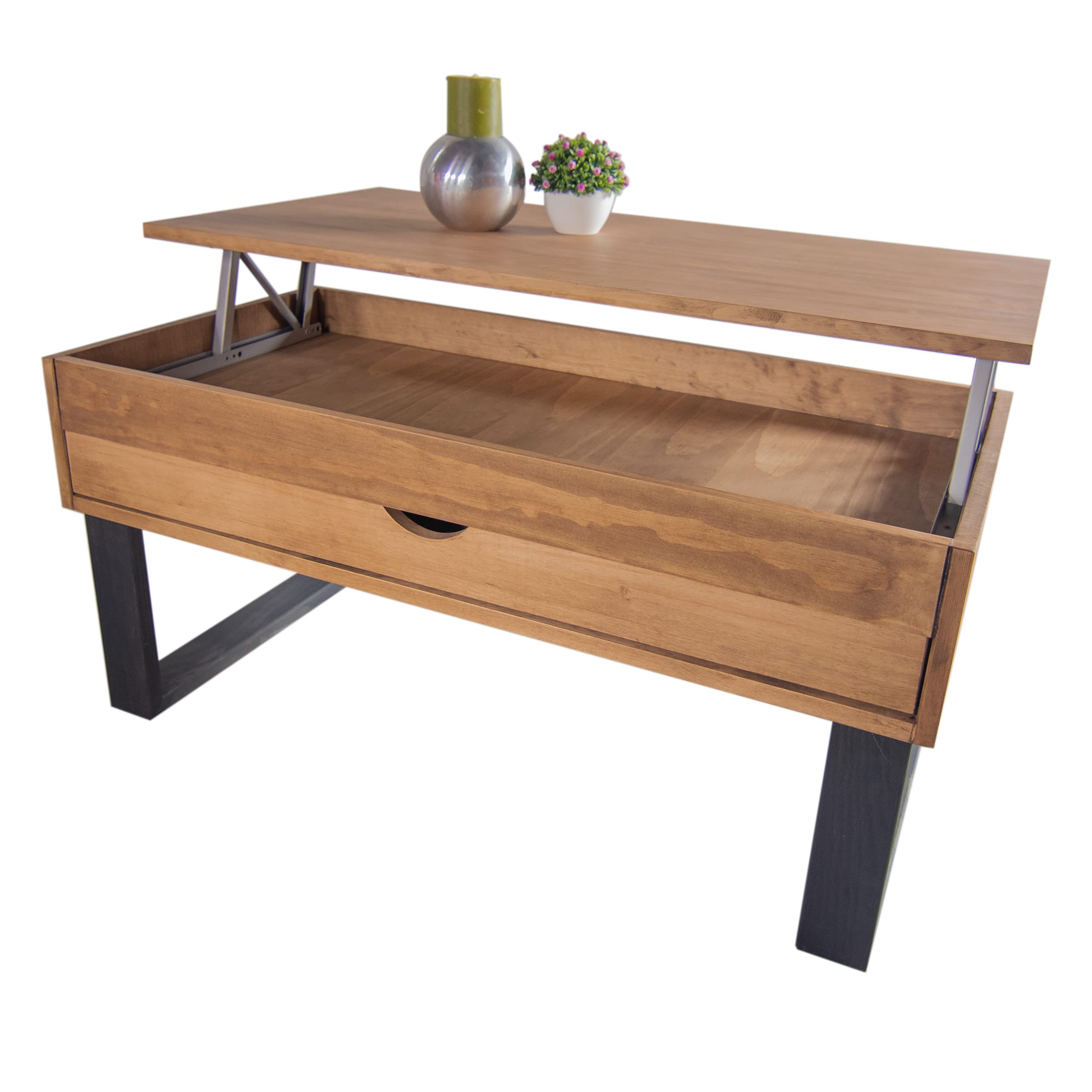LoMasCasa - Tavolo da salotto da centro collezione Sonka sollevabile con cassetto scorrevole in legno naturale massiccio disponibile in legno e gambe in nero - 100 x 50 x 48 cm