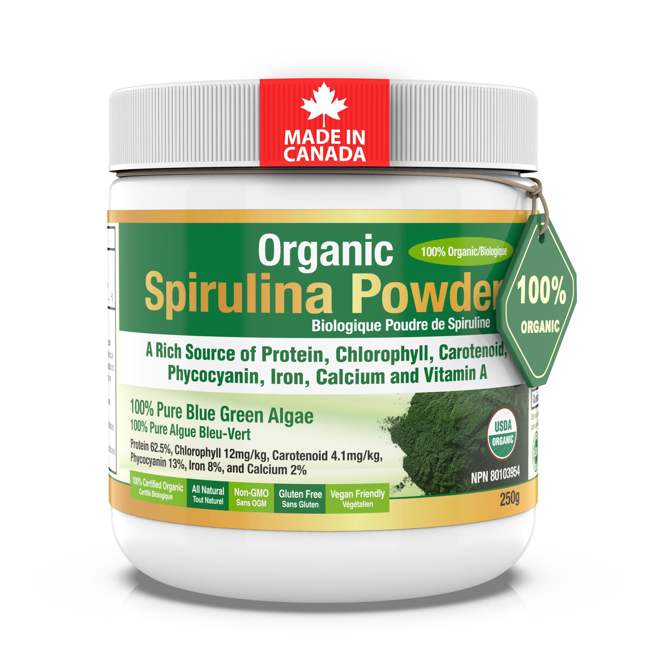 Herba Organic Spirulina Powder 250g – Organic & Tested for Microcystins, Heavy Metals & Contamination | Made in Canada | Sourced from Inner Mongolia | Pure Spirulina Powder Organic Canada
