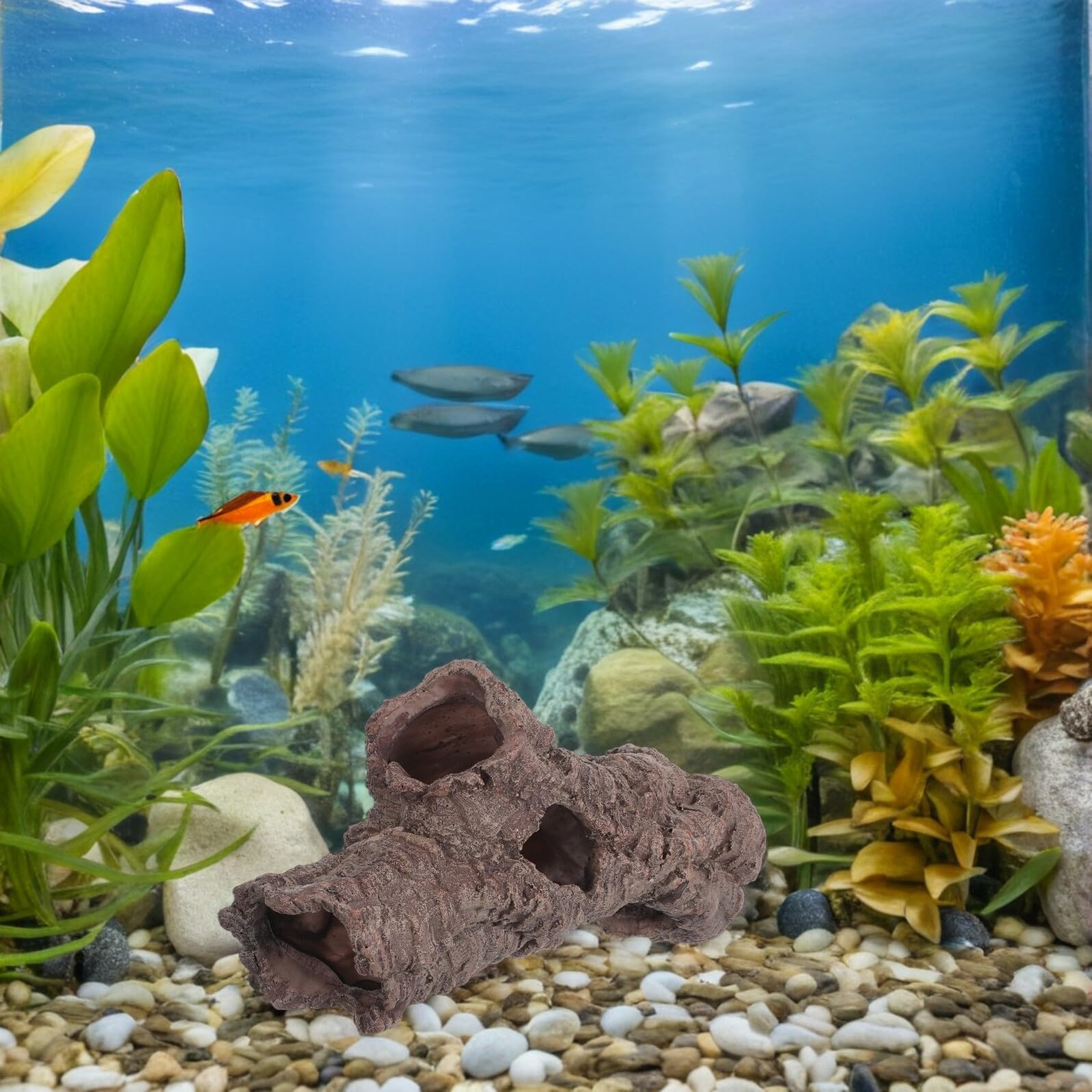 Veemoon Grotta per Acquario in Resina 5 Fori a Forma di Tronco D'albero Naturale, Rifugio per Pesci e Animali Acquatici, Riduce lo Stress in Habitat D'acqua