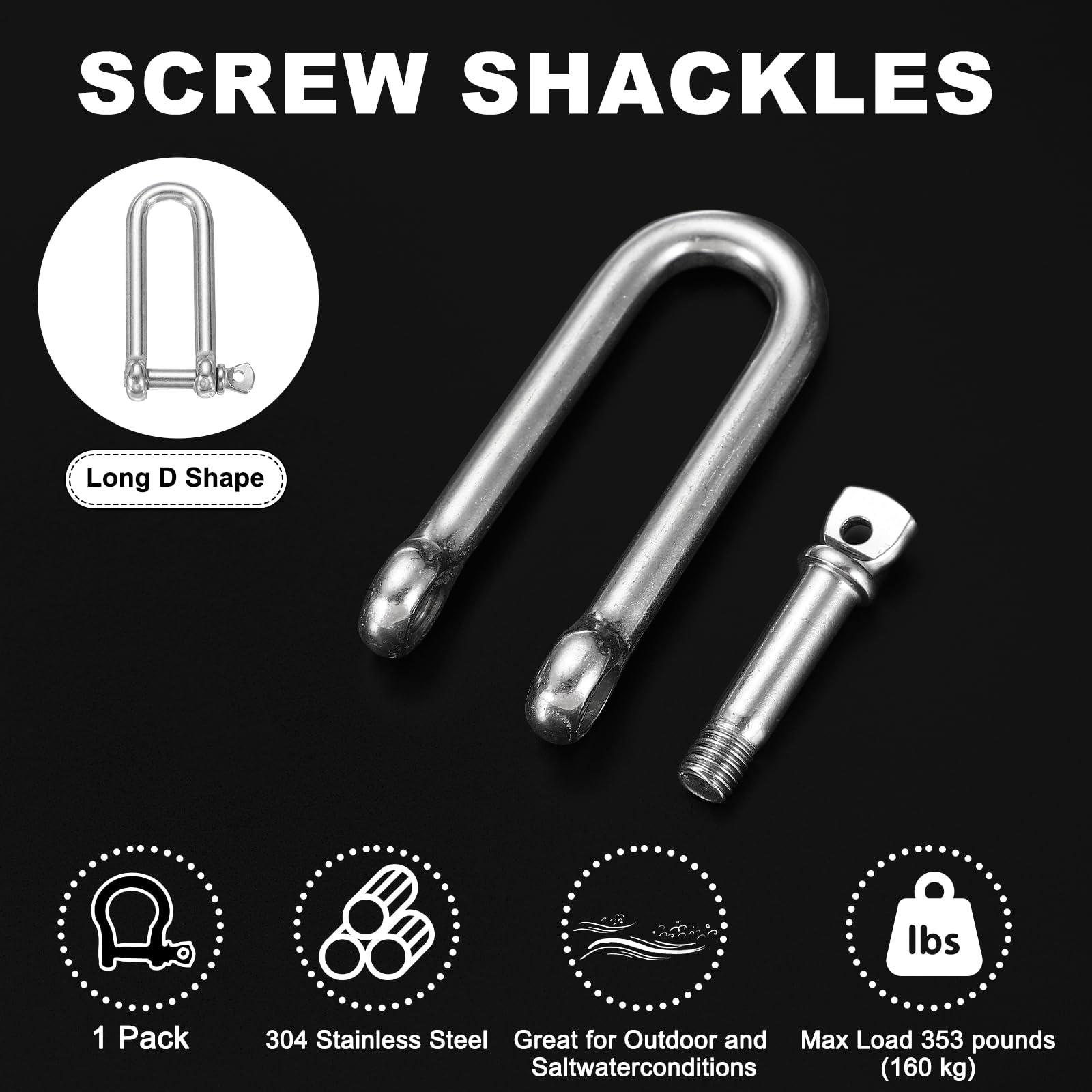 QUARKZMAN Szekla ze stali nierdzewnej w kształcie litery D, 2/5" cala (10 mm) duża szekla śrubowa do łodzi żaglówki do układania łańcuchów Paracord Jewelry Marine Tackle, srebrny odcień