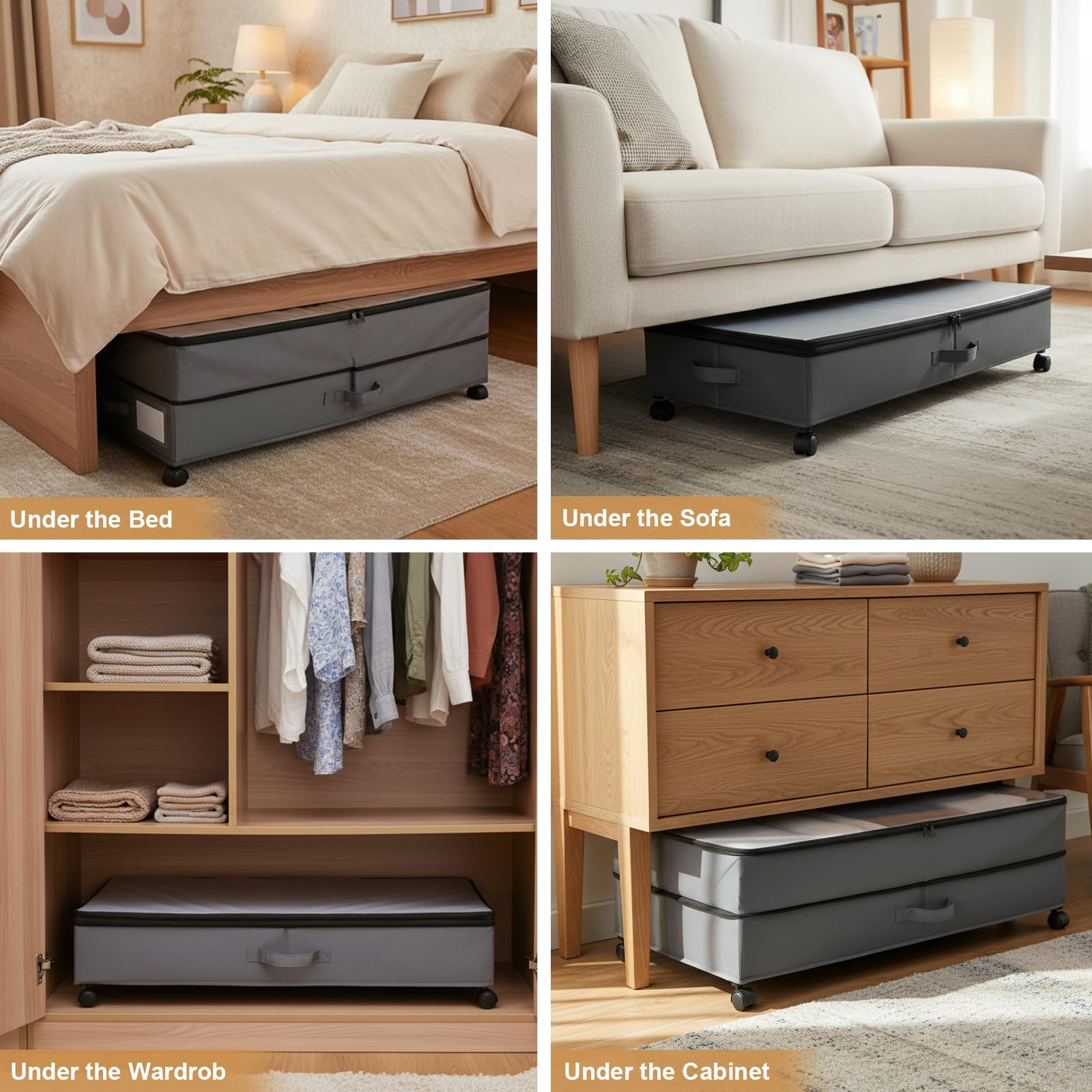 Cassettiera sotto il letto regolabile con ruote, 63 – 90 l, XXL, con 3 maniglie, contenitore con coperchio, in tessuto per vestiti, scarpe, biancheria da letto