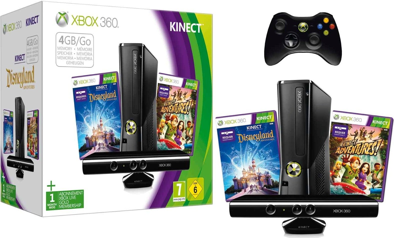 Console Xbox 360 4 Go + capteur Kinect + Disneyland Adventures (jeu Kinect) + Kinect Adventures ! (jeu Kinect)