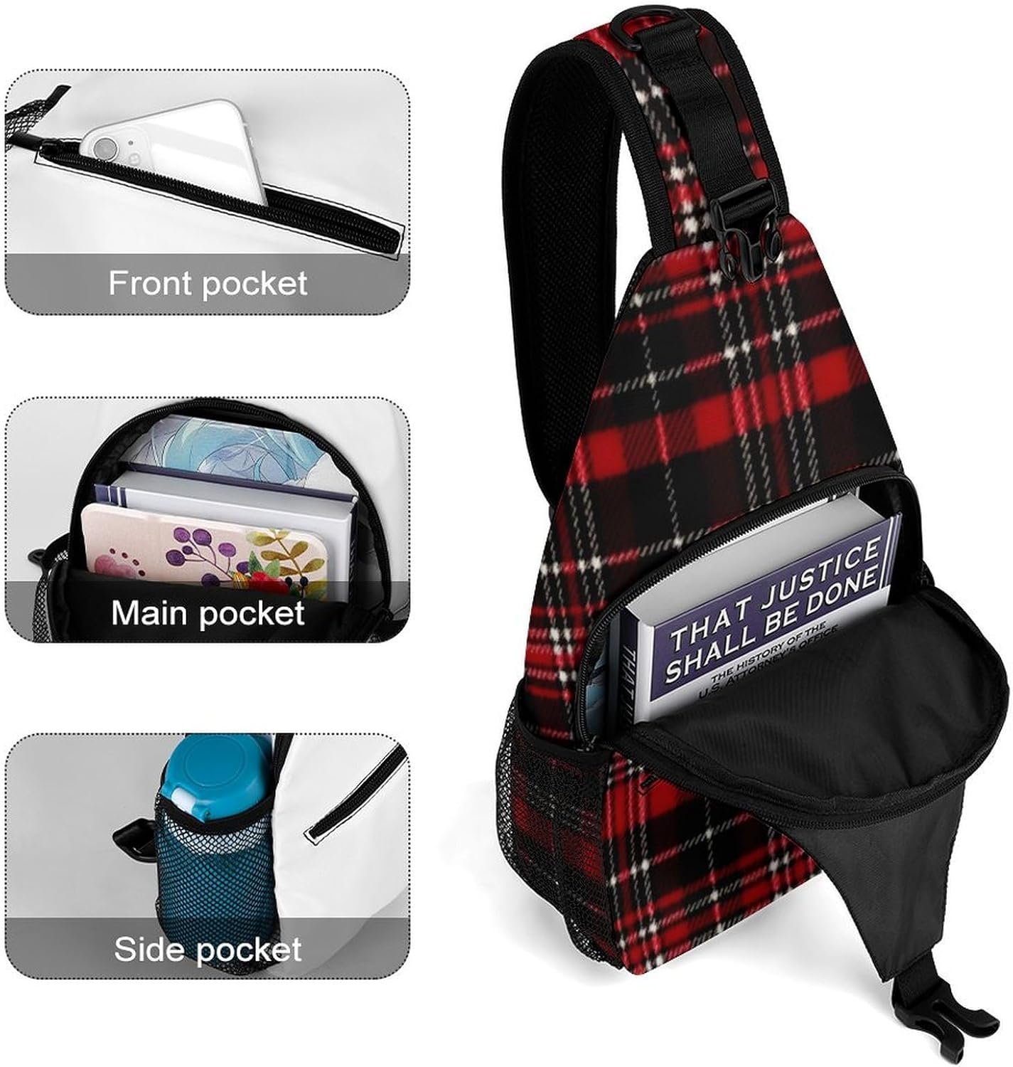Red And Black Plaid Sling Bag Lightweight Crossbody Chest Pack Travel Shoulder Bag with Adjustable Strap