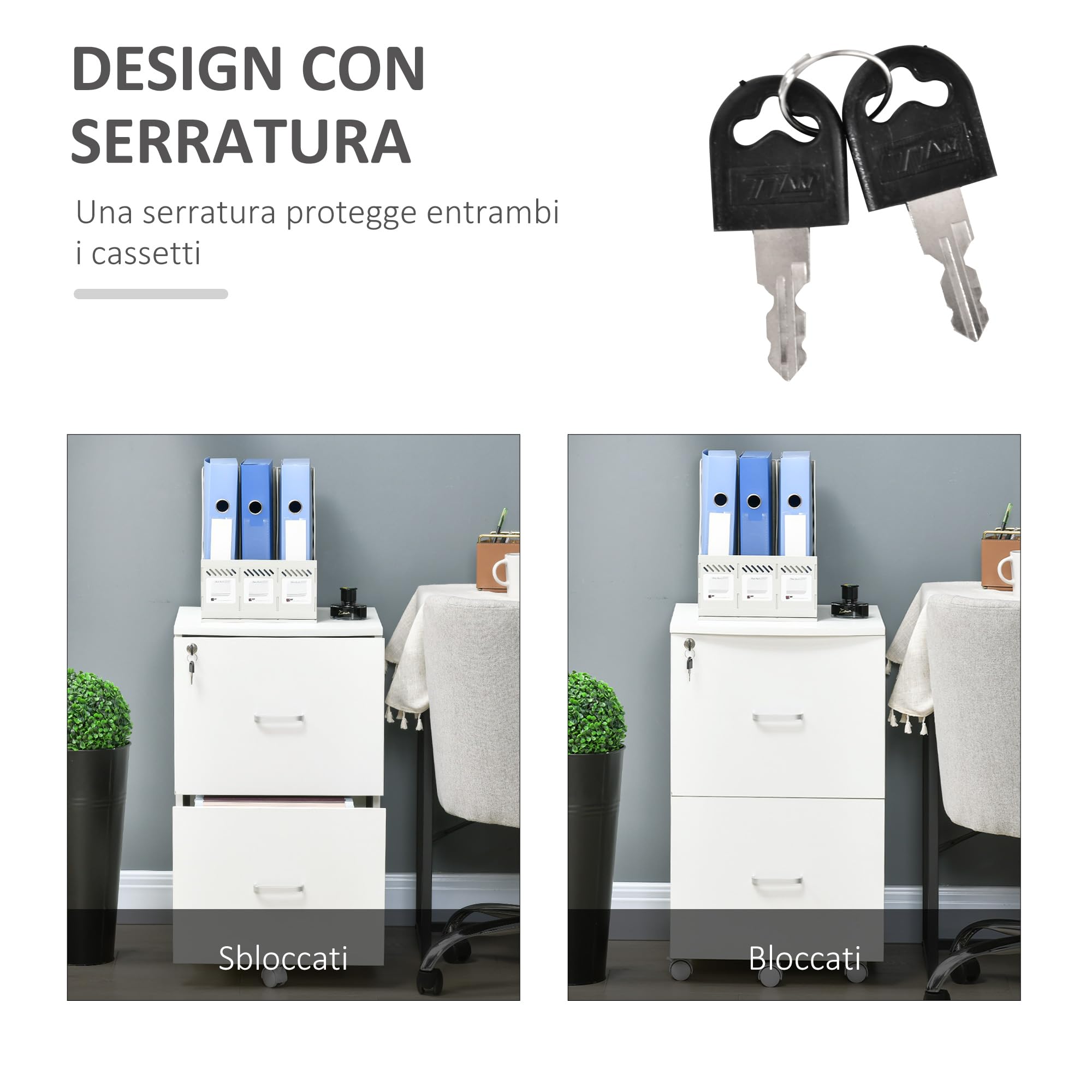 Vinsetto Armadietto da Ufficio e Studio con 2 Cassetti Bloccabili, 5 Ruote e Piano d'Appoggio, Schedario in MDF e Truciolato, 43x45x72cm, Bianco