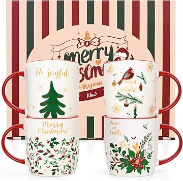 YHRJWN Christmas Coffee Mug Set of 4, Ceramic Tree Mug for Kids Women, Gift Set, Merry Xmas Gifts Ornaments, 11 Oz