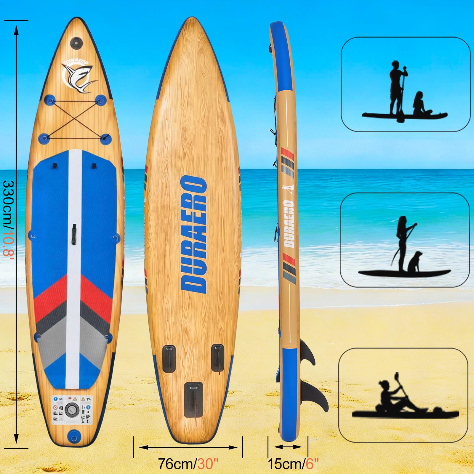 DURAERO Tavola SUP gonfiabile XXL 330cm, stand up paddle con sedile kayak e poggiapiedi, pagaia doppia, supporto fotocamera, accessori completi, portata 150 kg, effetto legno